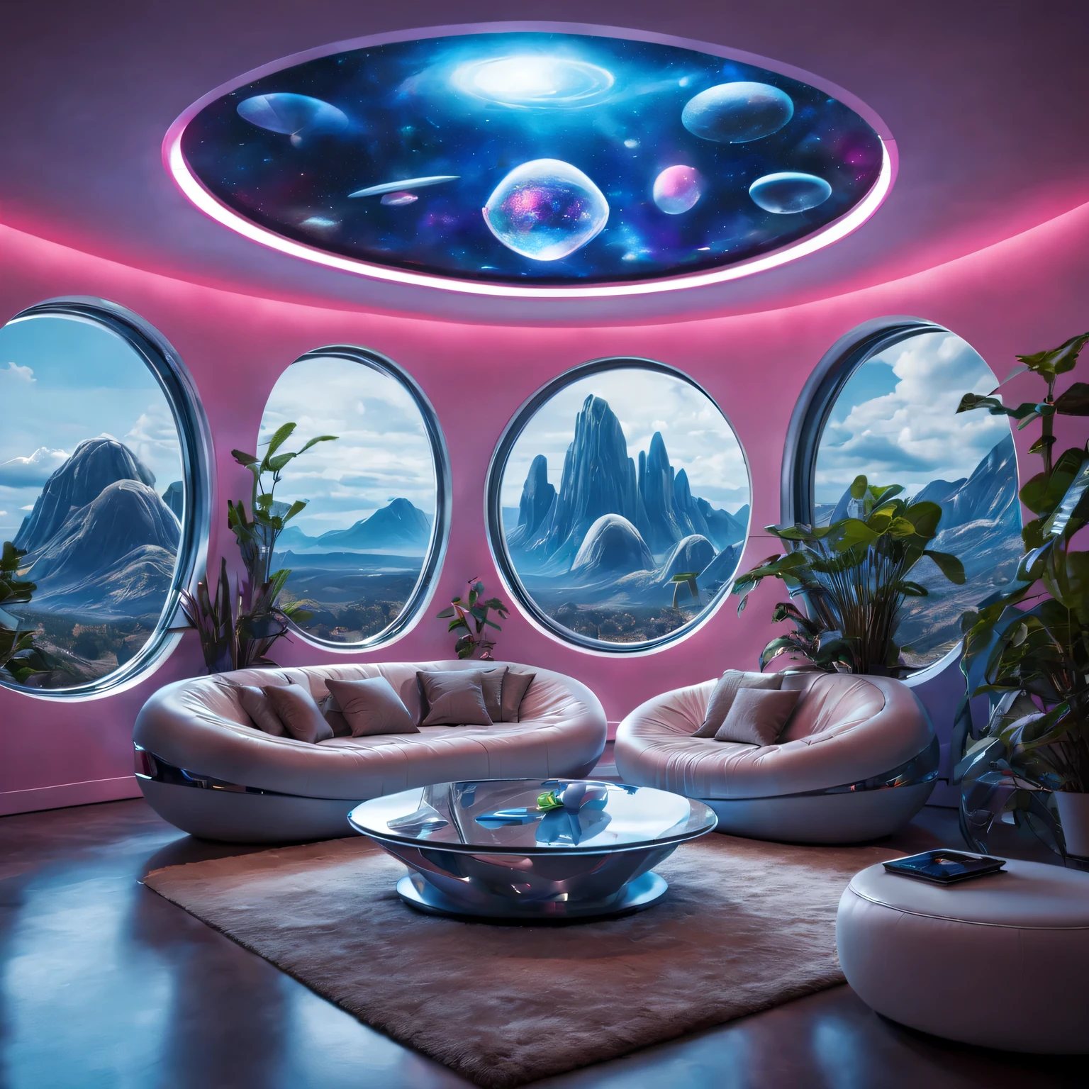(living room,alien theme,exotic plants,Modern décor,futuristic furniture,colorful lights,High-tech products,cosmic wall art,astral view,crystal clear windows,hover object,organic shapes,metal surfaces,otherworldly atmosphere)