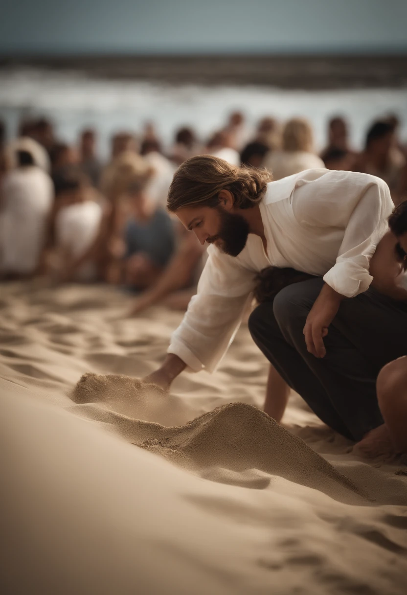 Describe a scene involving Jesus in a crowd, writing something in the sand. Explore the atmosphere, the reactions of the people around you, and the curiosity or perplexity this act may arouse. Emphasize visual, sound and emotional details, revealing the symbolic meaning behind Jesus writing in the sand
