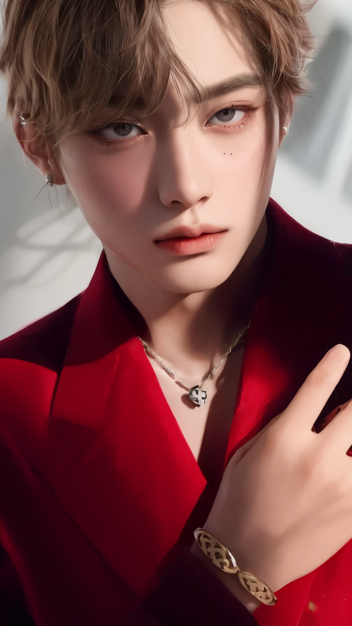 un primer plano de una persona que llevaba una chaqueta roja y una pulsera de oro, cai xukun, jia, inspirado por Zhang Han, Jung Jaehyun, key still, por Emma Andijewska, hsiao-ron, BVLGARI Jewelry, brillante por la lluvia, red jewelry, muy guapo, inspirado en Bian Shoumin, eso, marca lee, Jamie Campbell Bower kim taehyung de bts, kpop idol boy, kpop idol boy face, idol boy face