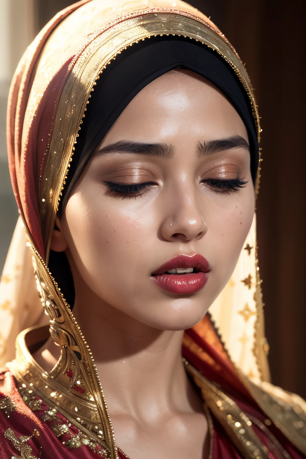 arafed woman wearing a purple hijab, (Malay face), a picture inspired by reyna rochin, cg society contest winner, hurufiyya, with professional makeup, with round face, close up potrait, with accurate face, portrait shot 8 k, from 8 k matte, sexy face with full makeup, south east asian with round face, detailed flawless face, with pair of huge tits, naked body