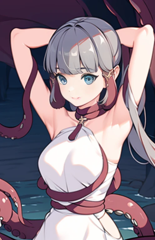 ((masterpiece)), ((best quality)), (ultra-detailed),(in the cave),(monster),(((many tentacles wrap arotnd the body))),a cute girl, 1girl, solo, (white girly dress),((many tentacles bound arms)), ((thin waist)),large breast, slim, slender,beautiful brown hair, beautiful blue eyes, (beautiful eyes), long hair,troubled expressio