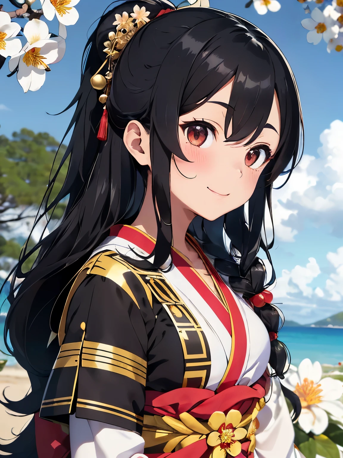 (black hair:1.2),(long hair with curls:1.3),(hair tied up loosely:1.25),(All together:1.3),(black eye:1.4),(Eye size:1.5),(Okinawan traditional accessories:1.3),((Okinawan traditional fashion:1.4)),(Background full of blooming flowers:1.5),(blush),(upward glance:1.3),(small breasts:1.4),(focus on face:1.3),((look up:1.25)),(fashion color White、Blue、green 、gold、red:1.3),(smile:1.2),(whole body:1.6)