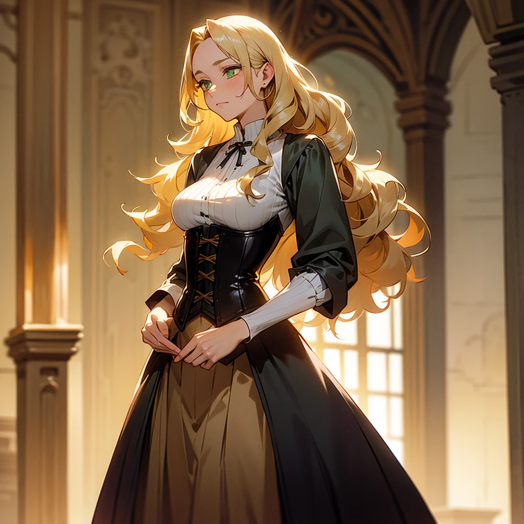 (((Alone))),(((Mature Woman))),(((Green eyes with golden pigmentation))),(((Long wavy blonde hair))),(((A Shy expression))), (((Light Skin))),(((Wearing medieval clothes))),(((Wearing corset))),(((Medium chest and slim waist)))