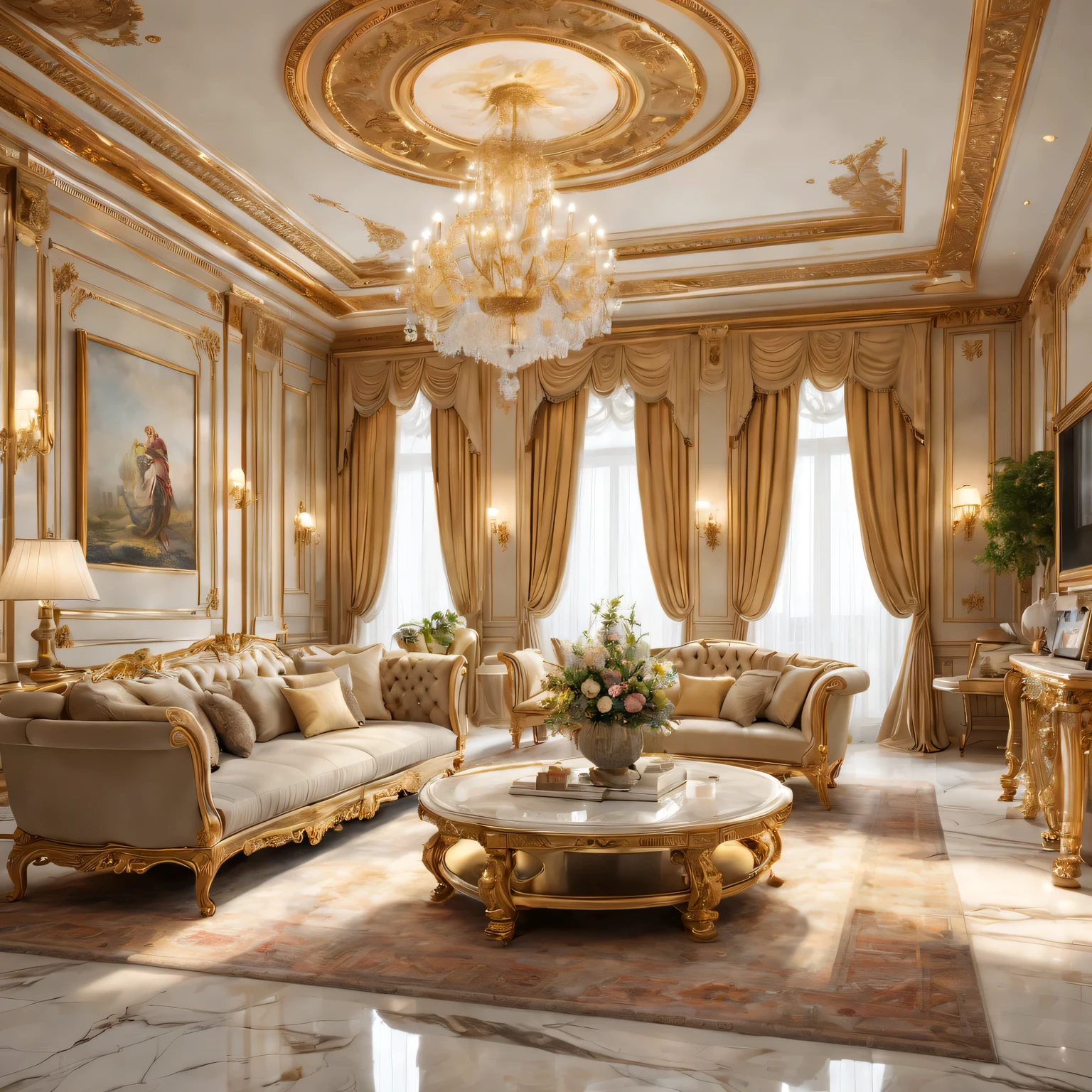 (best quality,4K,8k,high resolution,masterpiece:1.2),Super detailed,(actual,photoactual,photo-actual:1.37),gold and marble living room,Interior design,luxury furniture,Elegant and atmospheric,The room was spacious and bright,exquisite craftsmanship,gleaming marble floors,Gorgeous gold accents,Exquisite ceiling molding,Richly decorated walls,Expensive and tasteful decorations,Gorgeous chandeliers,Comfortable seating arrangement,Well-arranged bookshelves,Beautifully crafted coffee table,Artistic sculpture,Large panoramic windows overlook picturesque gardens,Plenty of natural light,Soft and warm color palette,Complex color scheme,Subtle changes in light and shadow,Impeccable attention to detail,serene and inviting atmosphere,enjoy a cup of coffee，Soak up the elegance.