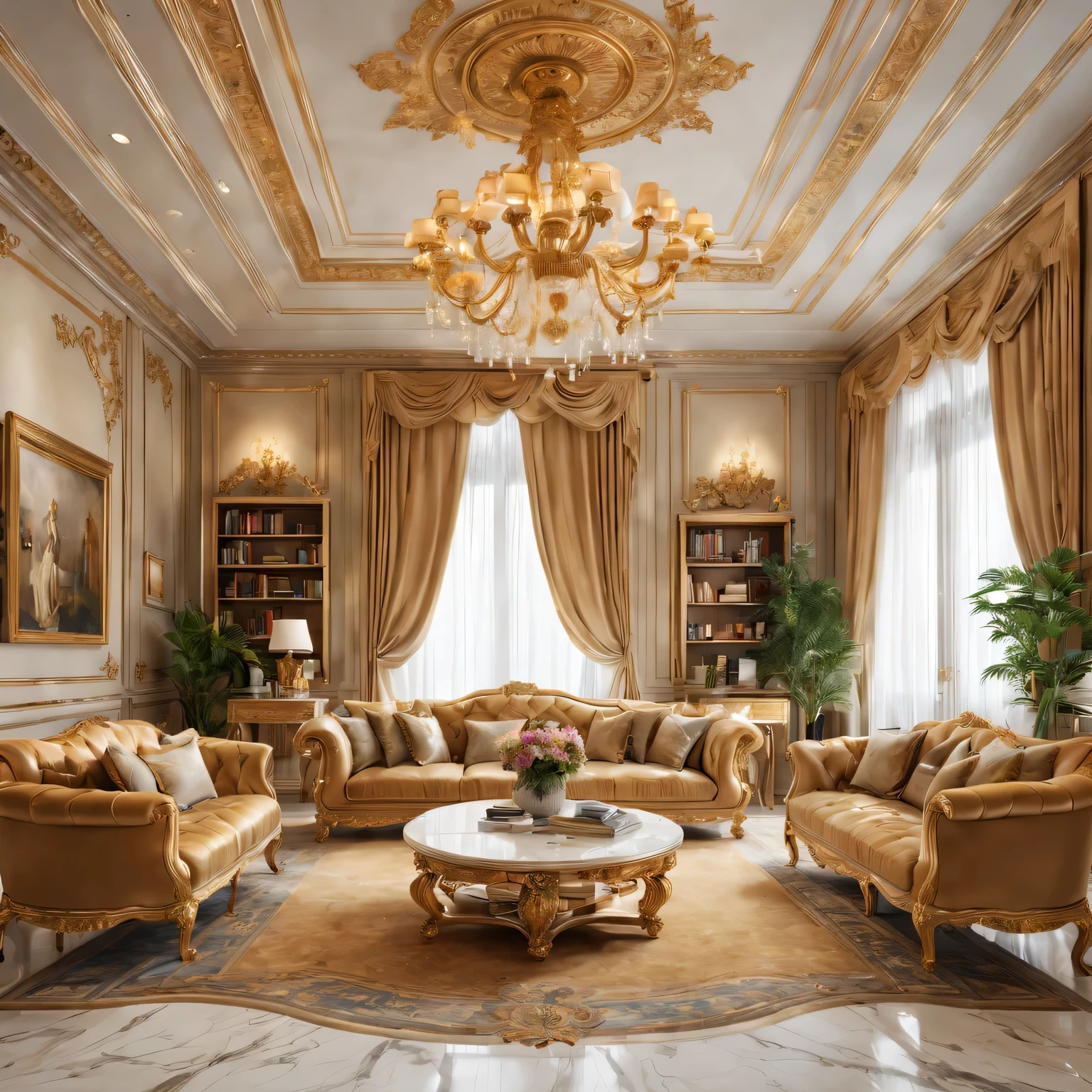 (best quality,4K,8k,high resolution,masterpiece:1.2),Super detailed,(actual,photoactual,photo-actual:1.37),gold and marble living room,Interior design,luxury furniture,Elegant and atmospheric,The room was spacious and bright,exquisite craftsmanship,gleaming marble floors,Gorgeous gold accents,Exquisite ceiling molding,Richly decorated walls,Expensive and tasteful decorations,Gorgeous chandeliers,Comfortable seating arrangement,Well-arranged bookshelves,Beautifully crafted coffee table,Artistic sculpture,Large panoramic windows overlook picturesque gardens,Plenty of natural light,Soft and warm color palette,Complex color scheme,Subtle changes in light and shadow,Impeccable attention to detail,serene and inviting atmosphere,enjoy a cup of coffee，Soak up the elegance.