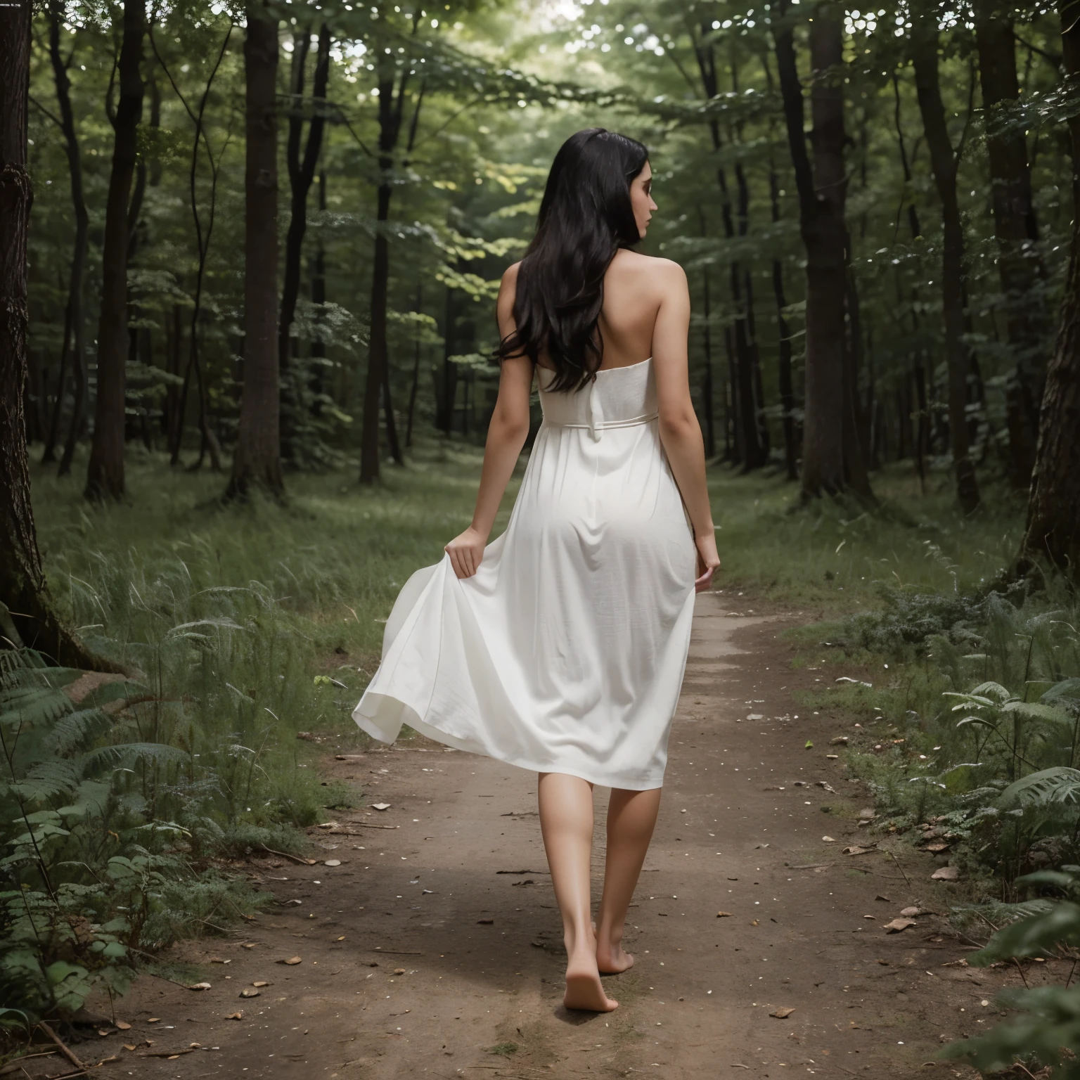 Masterpiece, realistic, photorealistic, young woman, perfect body, shoulder length black hair, full body, long white dress, bare feet, walking in the woods, ((back view))