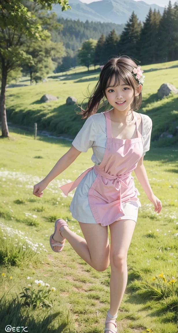 with a girl:her hair is black and short、、laughter、Her face is round and cute。(((white and pink mini apron)))、Floral。white sandal shoes、The ribbon is attached to the ankle。(running in the meadow with a girl:1.3)、scene:There is a beautiful scene floating in the background.、blue sky, White cloud, Green meadows and colorful flowers。The scene is softly painted like a watercolor painting.、It's a dreamy atmosphere。The scene expresses the imagination and sensibility of the girl、Pubic hair shows completely naked pubic hair) ,more_be familiar with:1.5, (More and more_be familiar with:1.9)、