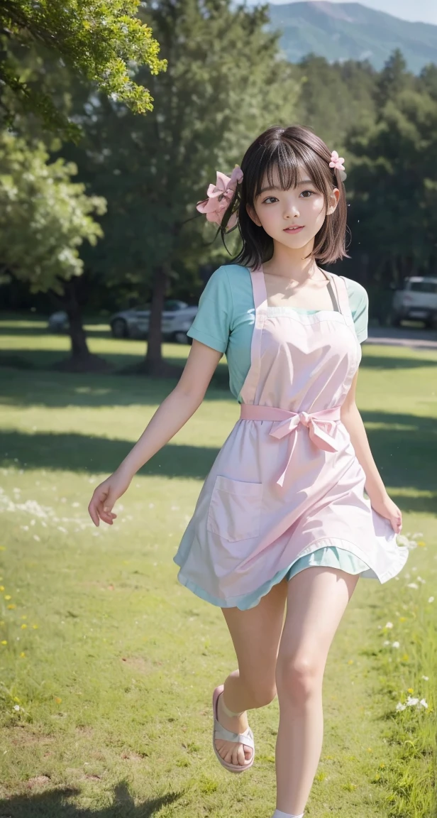 with a girl：her hair is black and short、14 years、laughter、Her face is round and cute。(((white and pink mini apron)))、Floral。white sandal shoes、The ribbon is attached to the ankle。(running in the meadow with a girl:1.3)、scene：There is a beautiful scene floating in the background.、blue sky, White cloud, Green meadows and colorful flowers。The scene is softly painted like a watercolor painting.、It's a dreamy atmosphere。The scene expresses the imagination and sensibility of the girl、Pubic hair shows completely naked pubic hair) ,more_be familiar with:1.5, (More and more_be familiar with:1.9)、