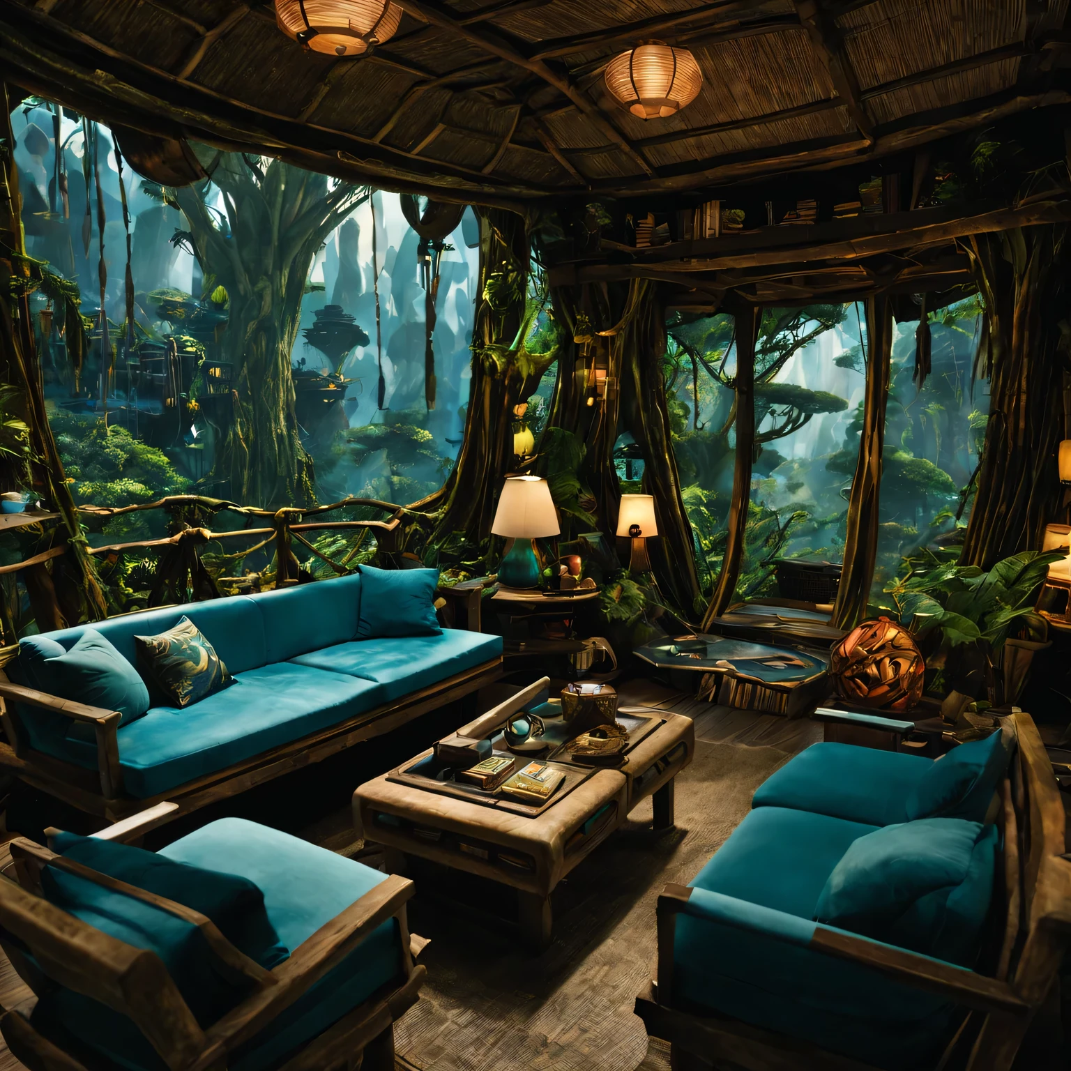 Pandora&#39;s treetop living room, planet in avatar, (best quality, high resolution, Super detailed:1.2) The mesmerizing beauty of nature comes alive here. 房间采用lifelike纹理制作而成, (human development report, Physically based rendering, extremely detailed description) Bring realism to the scene. 

in the center of the room, Huge tree trunks towering high, as the main structure of the house. Its bark displays intricate patterns intertwined with luminous plants, Create a magical atmosphere. Sunlight shines through the gaps in the leaves, Casts enchanting light that dances across the wooden floor.

furniture (bright colors, sharp focus) The room is a perfect blend of nature and comfort. A comfortable sofa made of Pandoran leaves and flowers is a great place to relax. Vibrant patterned cushions, Reminiscent of surrounding plants, Add a pop of color to your space. Nas proximidades, wooden coffee table artistically carved，imitate tree roots, Display of exquisite glass sculptures, Capture light and create captivating reflections.

The walls of the room are decorated with beautiful artwork created by local Na&#39;vi artists. These paintings depict the rich history and culture of Pandora, Taking viewers on a visual journey through stunning landscapes, Bizarre creatures, and the indomitable spirit of its inhabitants..

The room is filled with the sounds of nature, From the gentle rustle of leaves to the distant calls of Pandora’s wildlife. Clear air, With a light floral and forest earthy aroma.

when day turns to night, The mood in the room changes. soft, Warm light illuminates the space, Create a comfortable and intimate atmosphere. Fireflies fly gracefully in the air, Their soft glow adds a touch of magic to their surroundings.

In this living room, Hidden in the treetops of Pandora, Guests can immerse themselves in Na&#39;vi In the extraordinary beauty of the world, (lifelike, masterpiece:1.37) Experience the harmonious coexistence of nature and all living beings.
