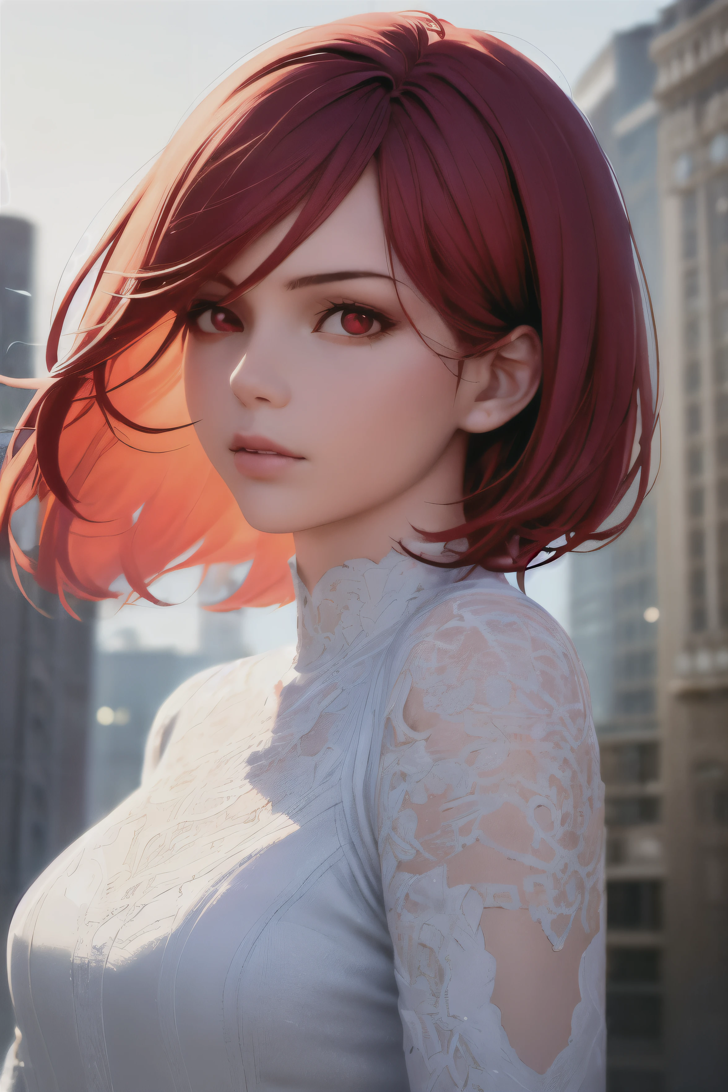 1girl, ((best quality)), ((masterpiece)), ((realistic)), (detailed), (perfect face), light red hair, beauty hair, bob hairstyle, beautiful face, red eyes, white long dress, elegant poses, dynamic angle, building background, portrait