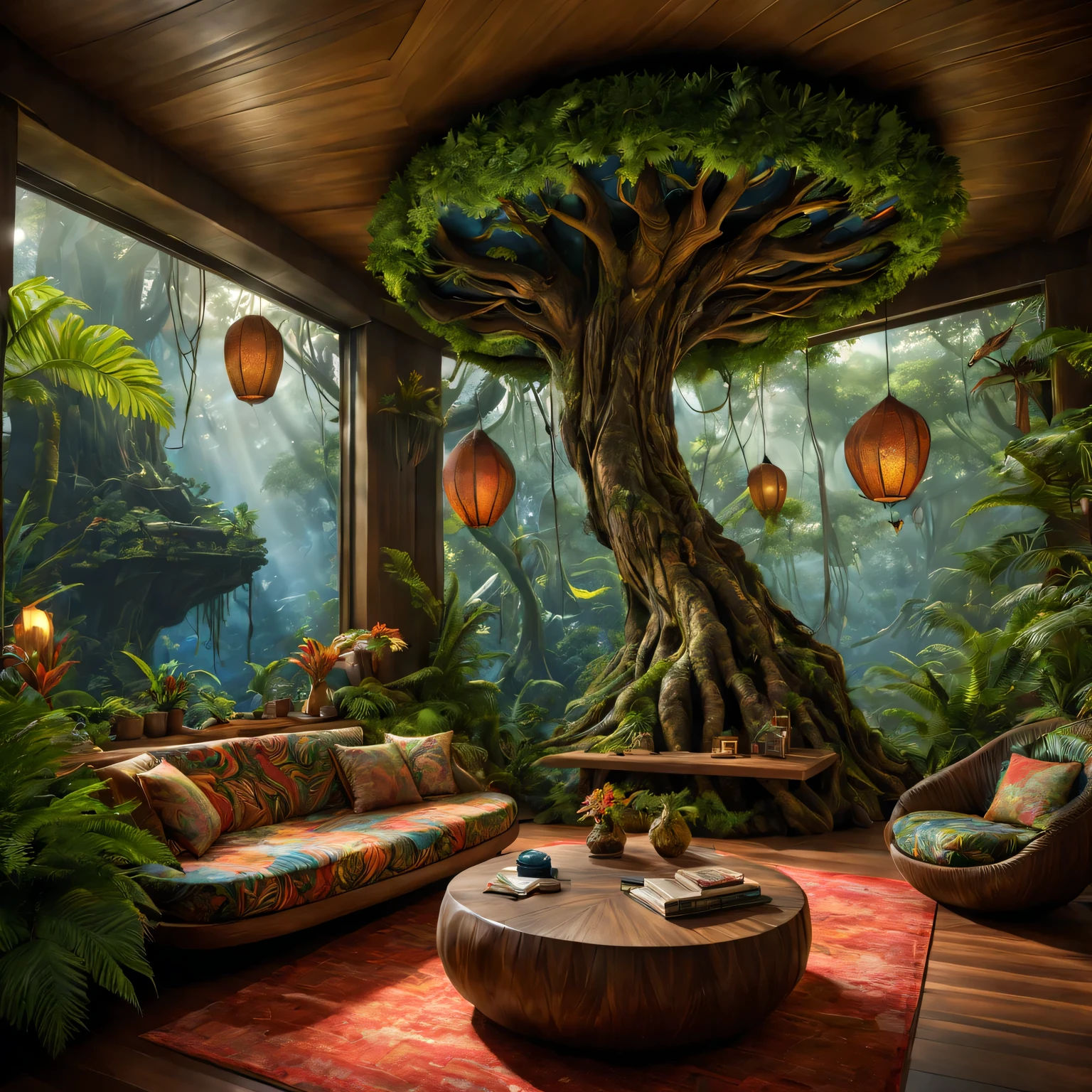 Pandora's treetop living room, planet in avatar, (best quality, high resolution, Super detailed:1.2) The mesmerizing beauty of nature comes alive here. 房间采用lifelike纹理制作而成, (human development report, Physically based rendering, extremely detailed description) Bring realism to the scene.
in the center of the room, Huge tree trunks towering high, as the main structure of the house. Its bark displays intricate patterns intertwined with luminous plants, Create a magical atmosphere. Sunlight shines through the gaps in the leaves, Casts enchanting light that dances across the wooden floor.
furniture (bright colors, sharp focus) The room is a perfect blend of nature and comfort. A comfortable sofa made of Pandoran leaves and flowers is a great place to relax. Vibrant patterned cushions, Reminiscent of surrounding plants, Add a pop of color to your space. Nas proximidades, wooden coffee table artistically carved,imitate tree roots, Display of exquisite glass sculptures, Capture light and create captivating reflections.
The walls of the room are decorated with beautiful artwork created by local Na'vi artists. These paintings depict the rich history and culture of Pandora, Taking viewers on a visual journey through stunning landscapes, Bizarre creatures, and the indomitable spirit of its inhabitants..
The room is filled with the sounds of nature, From the gentle rustle of leaves to the distant calls of Pandora’s wildlife. Clear air, With a light floral and forest earthy aroma.
when day turns to night, The mood in the room changes. soft, Warm light illuminates the space, Create a comfortable and intimate atmosphere. Fireflies fly gracefully in the air, Their soft glow adds a touch of magic to their surroundings.
In this living room, Hidden in the treetops of Pandora, Guests can immerse themselves in Na'vi In the extraordinary beauty of the world, (lifelike, masterpiece:1.37) Experience the harmonious coexistence of nature and all living beings.