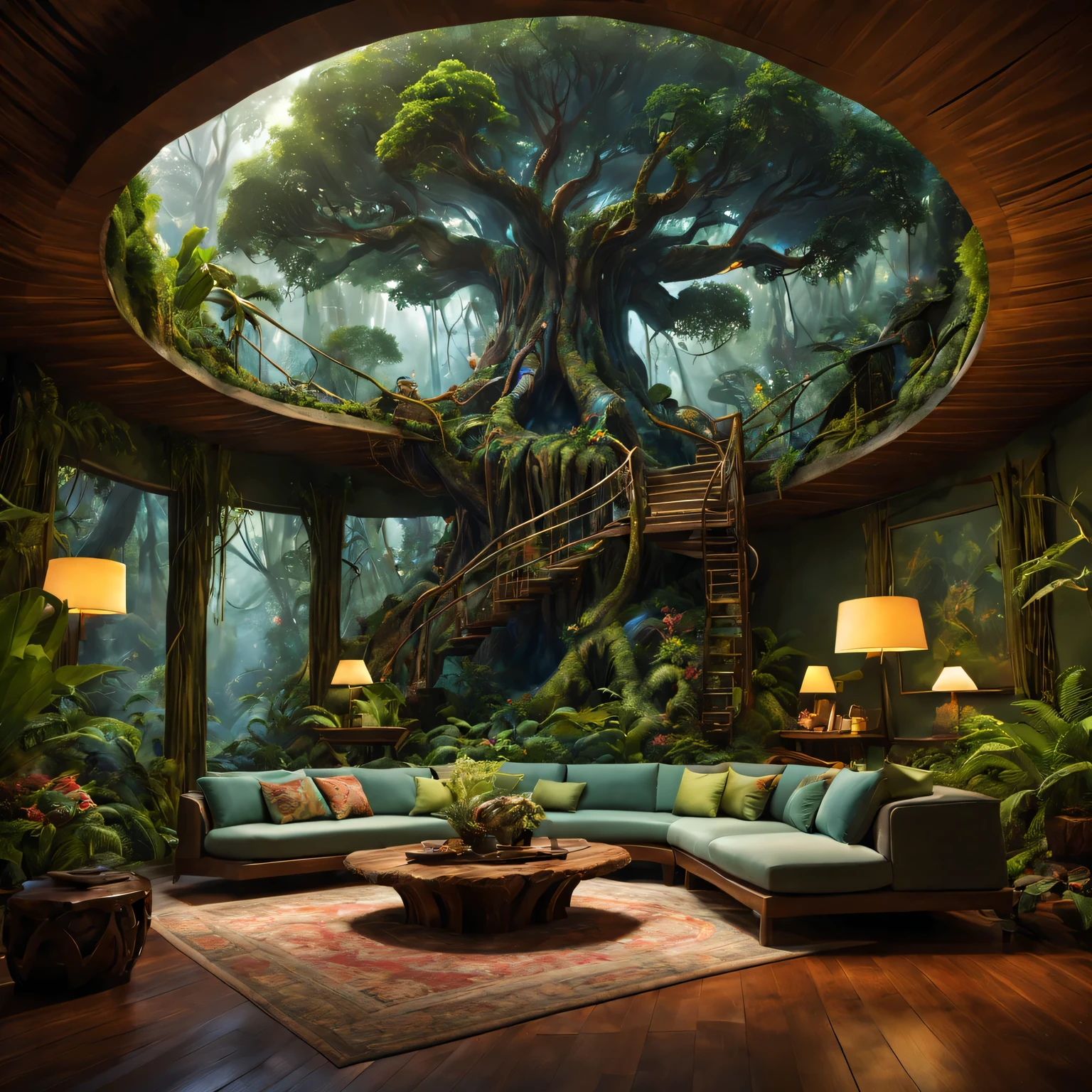 Pandora&#39;s treetop living room, planet in avatar, (best quality, high resolution, Super detailed:1.2) The mesmerizing beauty of nature comes alive here. 房间采用lifelike纹理制作而成, (human development report, Physically based rendering, extremely detailed description) Bring realism to the scene. 

in the center of the room, Huge tree trunks towering high, as the main structure of the house. Its bark displays intricate patterns intertwined with luminous plants, Create a magical atmosphere. Sunlight shines through the gaps in the leaves, Casts enchanting light that dances across the wooden floor.

furniture (bright colors, sharp focus) The room is a perfect blend of nature and comfort. A comfortable sofa made of Pandoran leaves and flowers is a great place to relax. Vibrant patterned cushions, Reminiscent of surrounding plants, Add a pop of color to your space. Nas proximidades, wooden coffee table artistically carved，imitate tree roots, Display of exquisite glass sculptures, Capture light and create captivating reflections.

The walls of the room are decorated with beautiful artwork created by local Na&#39;vi artists. These paintings depict the rich history and culture of Pandora, Taking viewers on a visual journey through stunning landscapes, Bizarre creatures, and the indomitable spirit of its inhabitants..

The room is filled with the sounds of nature, From the gentle rustle of leaves to the distant calls of Pandora’s wildlife. Clear air, With a light floral and forest earthy aroma.

when day turns to night, The mood in the room changes. soft, Warm light illuminates the space, Create a comfortable and intimate atmosphere. Fireflies fly gracefully in the air, Their soft glow adds a touch of magic to their surroundings.

In this living room, Hidden in the treetops of Pandora, Guests can immerse themselves in Na&#39;vi In the extraordinary beauty of the world, (lifelike, masterpiece:1.37) Experience the harmonious coexistence of nature and all living beings.