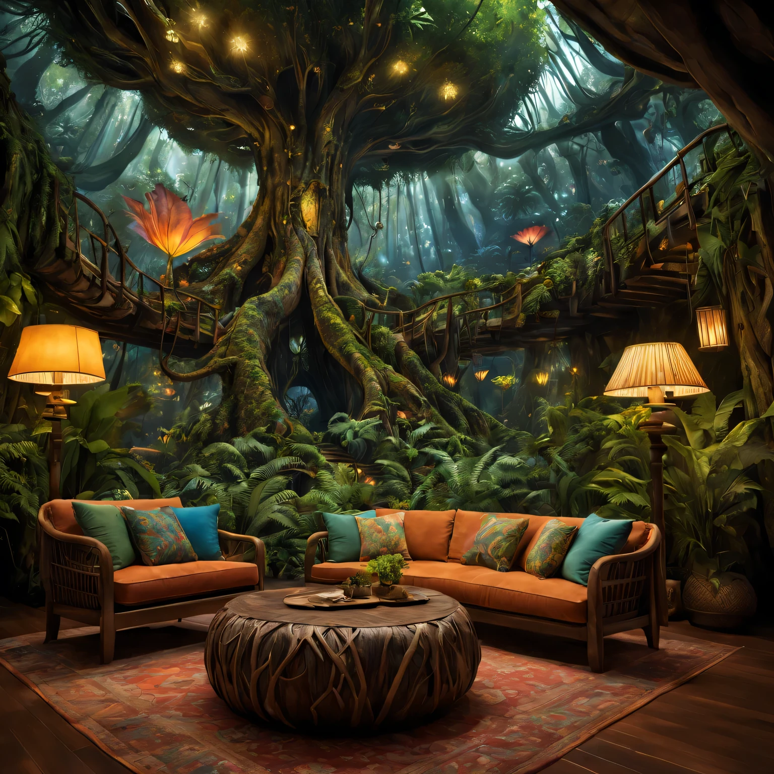 Pandora's treetop living room, planet in avatar, (best quality, high resolution, Super detailed:1.2) The mesmerizing beauty of nature comes alive here. 房间采用lifelike纹理制作而成, (human development report, Physically based rendering, extremely detailed description) Bring realism to the scene.
in the center of the room, Huge tree trunks towering high, as the main structure of the house. Its bark displays intricate patterns intertwined with luminous plants, Create a magical atmosphere. Sunlight shines through the gaps in the leaves, Casts enchanting light that dances across the wooden floor.
furniture (bright colors, sharp focus) The room is a perfect blend of nature and comfort. A comfortable sofa made of Pandoran leaves and flowers is a great place to relax. Vibrant patterned cushions, Reminiscent of surrounding plants, Add a pop of color to your space. Nas proximidades, wooden coffee table artistically carved,imitate tree roots, Display of exquisite glass sculptures, Capture light and create captivating reflections.
The walls of the room are decorated with beautiful artwork created by local Na'vi artists. These paintings depict the rich history and culture of Pandora, Taking viewers on a visual journey through stunning landscapes, Bizarre creatures, and the indomitable spirit of its inhabitants..
The room is filled with the sounds of nature, From the gentle rustle of leaves to the distant calls of Pandora’s wildlife. Clear air, With a light floral and forest earthy aroma.
when day turns to night, The mood in the room changes. soft, Warm light illuminates the space, Create a comfortable and intimate atmosphere. Fireflies fly gracefully in the air, Their soft glow adds a touch of magic to their surroundings.
In this living room, Hidden in the treetops of Pandora, Guests can immerse themselves in Na'vi In the extraordinary beauty of the world, (lifelike, masterpiece:1.37) Experience the harmonious coexistence of nature and all living beings.