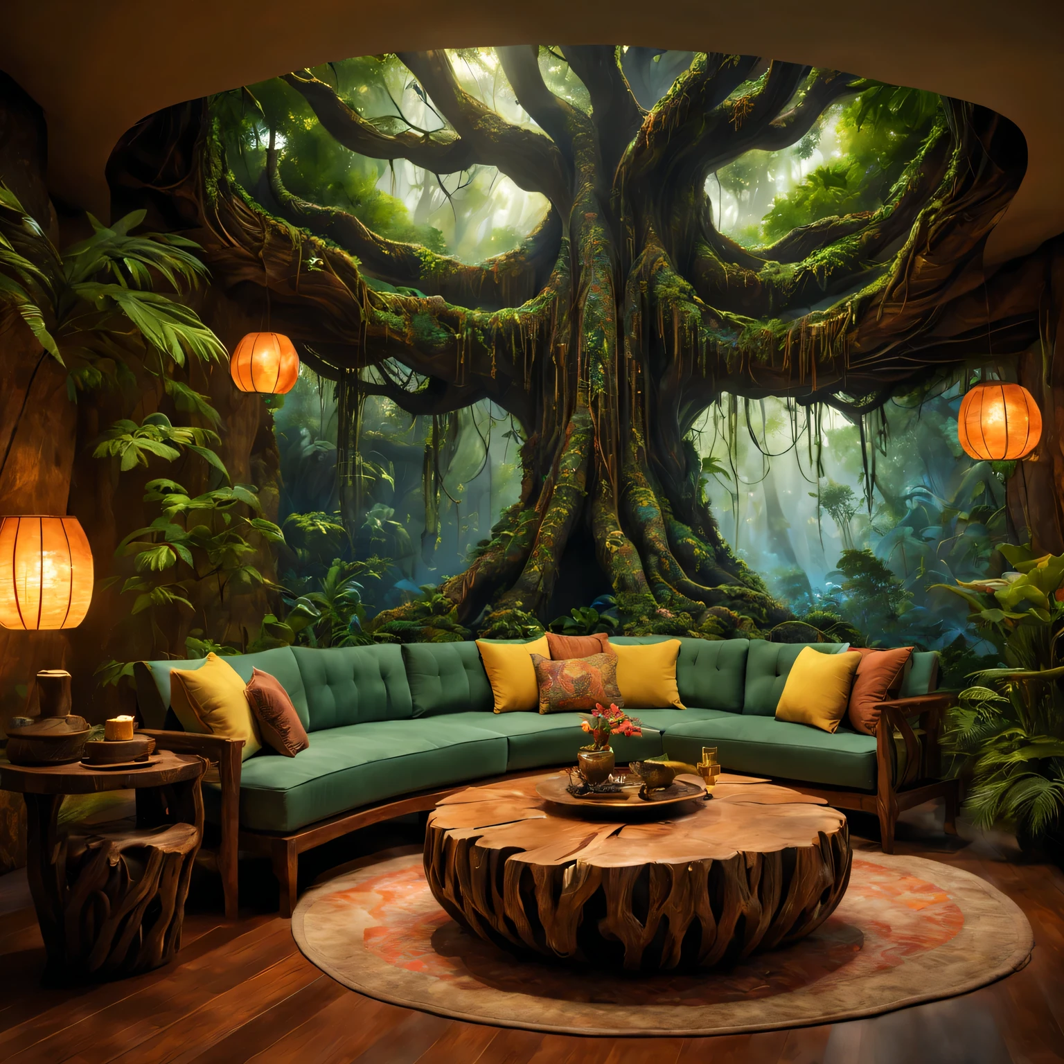 Pandora's treetop living room, planet in avatar, (best quality, high resolution, Super detailed:1.2) The mesmerizing beauty of nature comes alive here. 房间采用lifelike纹理制作而成, (human development report, Physically based rendering, extremely detailed description) Bring realism to the scene.
in the center of the room, Huge tree trunks towering high, as the main structure of the house. Its bark displays intricate patterns intertwined with luminous plants, Create a magical atmosphere. Sunlight shines through the gaps in the leaves, Casts enchanting light that dances across the wooden floor.
furniture (bright colors, sharp focus) The room is a perfect blend of nature and comfort. A comfortable sofa made of Pandoran leaves and flowers is a great place to relax. Vibrant patterned cushions, Reminiscent of surrounding plants, Add a pop of color to your space. Nas proximidades, wooden coffee table artistically carved,imitate tree roots, Display of exquisite glass sculptures, Capture light and create captivating reflections.
The walls of the room are decorated with beautiful artwork created by local Na'vi artists. These paintings depict the rich history and culture of Pandora, Taking viewers on a visual journey through stunning landscapes, Bizarre creatures, and the indomitable spirit of its inhabitants..
The room is filled with the sounds of nature, From the gentle rustle of leaves to the distant calls of Pandora’s wildlife. Clear air, With a light floral and forest earthy aroma.
when day turns to night, The mood in the room changes. soft, Warm light illuminates the space, Create a comfortable and intimate atmosphere. Fireflies fly gracefully in the air, Their soft glow adds a touch of magic to their surroundings.
In this living room, Hidden in the treetops of Pandora, Guests can immerse themselves in Na'vi In the extraordinary beauty of the world, (lifelike, masterpiece:1.37) Experience the harmonious coexistence of nature and all living beings.