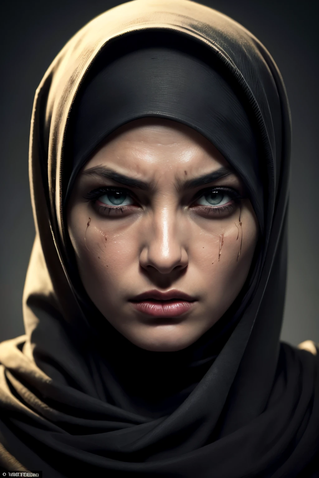RAW, Best quality, high resolution, Masterpiece: 1.3), Evil-looking female in hijab, Masterpiece, intense expression, cruel demeanor, dark eyes, detailed skin with pores and wrinkles, revealing invasive thoughts, low-angle shot, close-up, distressed filter, dramatic lighting, hint of a sinister moan escaping her lips, RAW photo, high definition, sharp focus. (Photorealistic:1.5), (Detailed:1.4), (Sinister:1.2), (Intense:1.1), (Dark:1.3), (Evil:1.5), (Cruel:1
