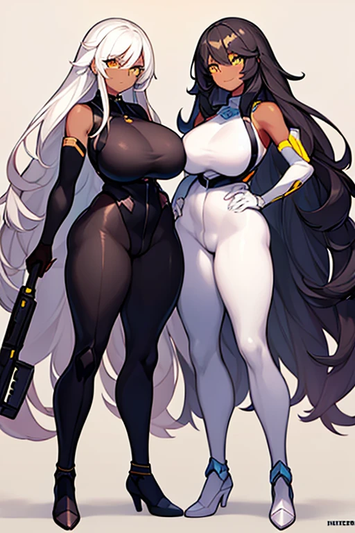 2girls, dark-skinned females, dark-skinned female, dark skin, white hair, long hair, large breasts, breasts, wide hips, yellow eyes, smile, bodysuit, black bodysuit, white trim, sleeveless, black pantyhose, pantyhose, futuristic, tech, science-fiction, full body, ((full body)),