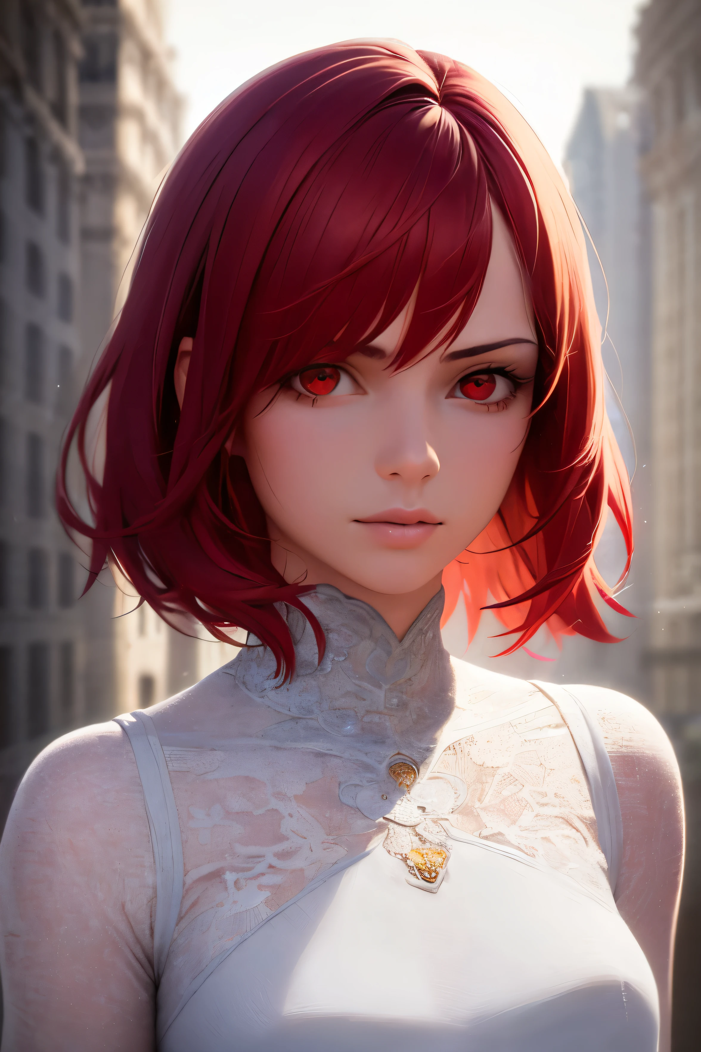 1girl, ((best quality)), ((masterpiece)), ((realistic)), (detailed), (perfect face), eyes on view, red hair, beauty hair, bob hairstyle, beautiful face, red eyes, white long dress, elegant poses, dynamic angle, building background, portrait