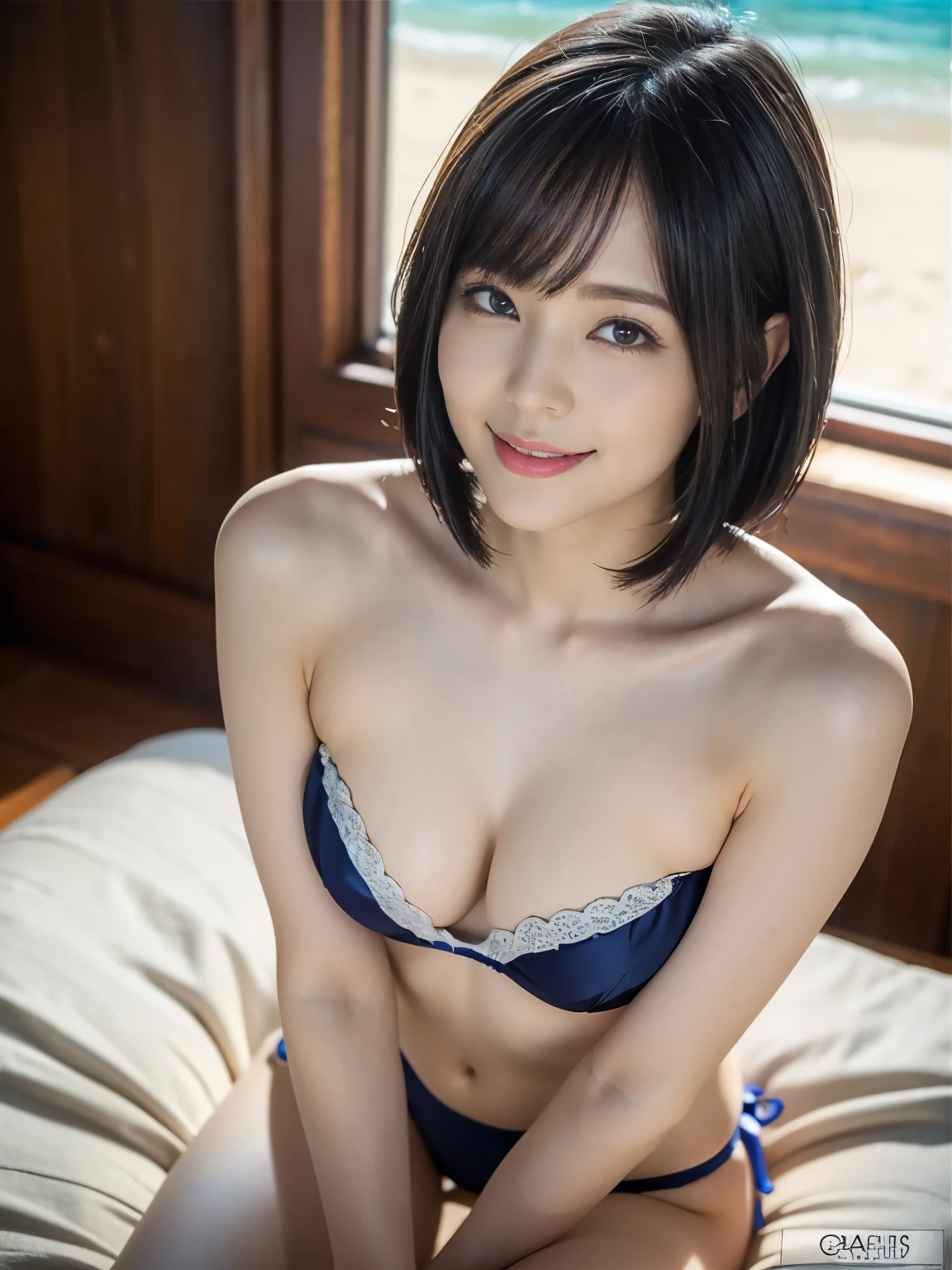 (highest quality), (masterpiece), 1080P, HD, 4K, 8K, cute face, beautiful, clean hands, can't believe it, beautiful eyes, shoulder length hair, Big eyes, long eyelashes, bikini、smile、short hair、slender、