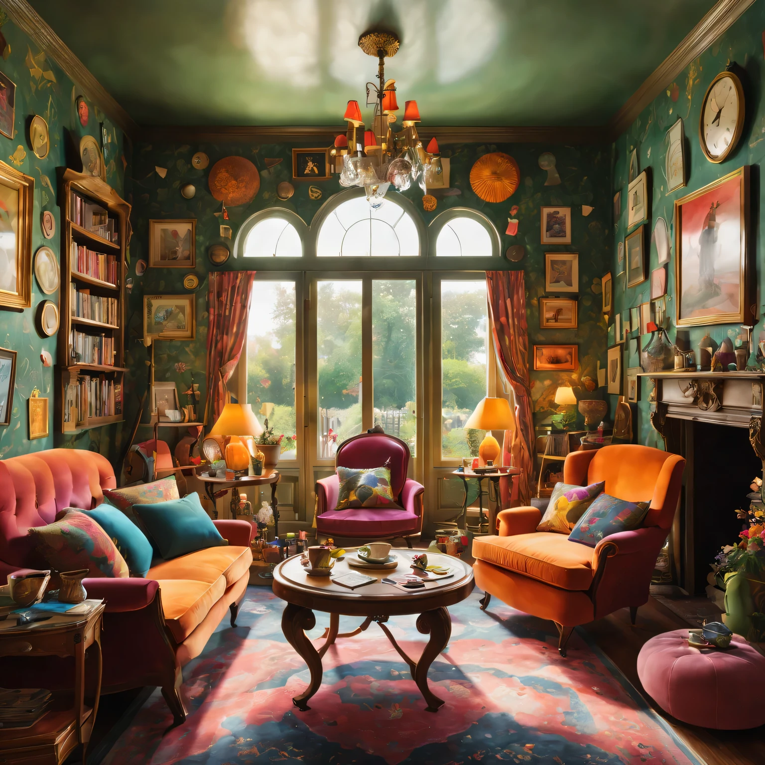 (A living room:1.2),rich and colorful,whimsical,illustration,Large space,unique furniture,Pattern wallpaper,bright colors,playful atmosphere,Cozy fireplace,antique chandelier,Floor to ceiling bookshelves,Huge tea cup as chair,weird clock,oversized playing cards,hanging swing,Charming tea set,Fantasy elements,curious object,hidden door,Decorative carpet,Magical painting,croquet set,caterpillar shaped sofa,Flying cards,Detailed wooden furniture,Bright sunlight shines through the window,Warm and comfortable atmosphere,Fantastic lighting,great art.