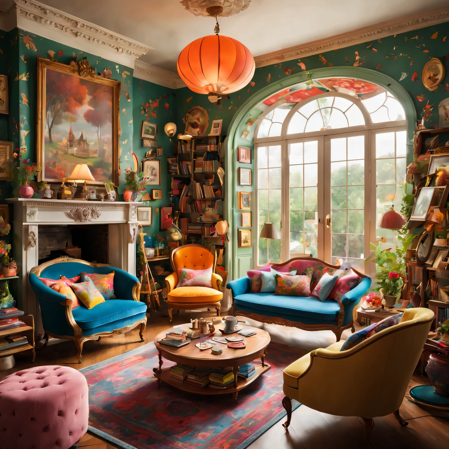(A living room:1.2),rich and colorful,whimsical,illustration,Large space,unique furniture,Pattern wallpaper,bright colors,playful atmosphere,Cozy fireplace,antique chandelier,Floor to ceiling bookshelves,Huge tea cup as chair,weird clock,oversized playing cards,hanging swing,Charming tea set,Fantasy elements,curious object,hidden door,Decorative carpet,Magical painting,croquet set,caterpillar shaped sofa,Flying cards,Detailed wooden furniture,Bright sunlight shines through the window,Warm and comfortable atmosphere,Fantastic lighting,great art.