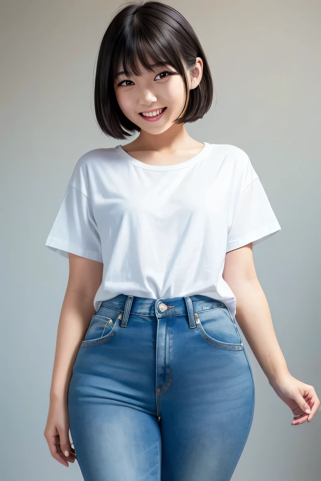 realistic, princess cutの髪型, princess cut, (narrow eyes:1.3), (black eye), (japanese woman), 1 girl, (small eyes:1.3), 17 year old girl, beautiful breasts:1.5,short hair, (highly detailed eyes:1.2), (beautiful breasts:1.1), bangs, (thick legs, huge hips, thick thighs), Fair skin, tight waist, big breasts, (laughter:1.3) (White Round Neck T-Shirt, blue jeans:1.2)