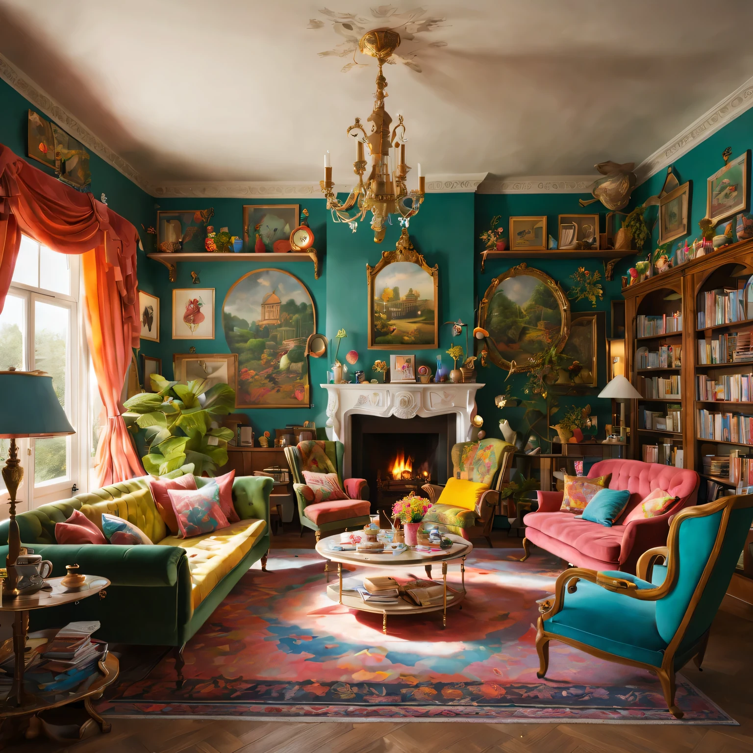 (A living room:1.2),rich and colorful,whimsical,illustration,Large space,unique furniture,Pattern wallpaper,bright colors,playful atmosphere,Cozy fireplace,antique chandelier,Floor to ceiling bookshelves,Huge tea cup as chair,weird clock,oversized playing cards,hanging swing,Charming tea set,Fantasy elements,curious object,hidden door,Decorative carpet,Magical painting,croquet set,caterpillar shaped sofa,Flying cards,Detailed wooden furniture,Bright sunlight shines through the window,Warm and comfortable atmosphere,Fantastic lighting,great art.