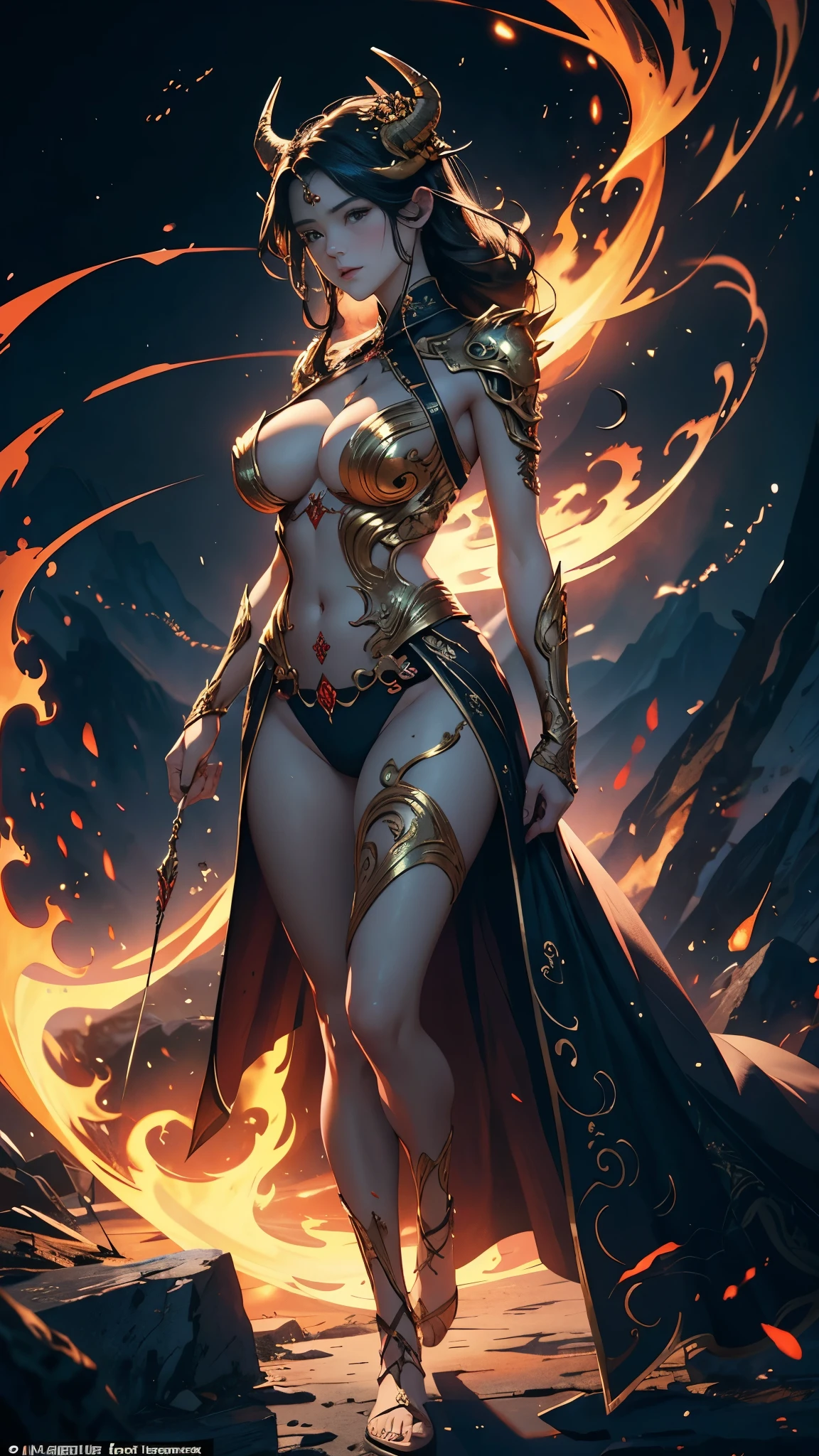 (masterpiece,top quality,best quality,official art,Beautiful and beautiful:1.2),Scene depicting Goddess of War in hell with horned red burning demon,She is a great giant,she is a lovely princess,she is a strong warrior,flame,lightning in sky,magma,At the foot of the mountain,mountains in the distance,(theelementoffire:1.4),现实的flame,Highly realistic,correct anatomy,full-body shot,convex,cute big breasts,violent house,,Plum,longing unsatisfied,only genitalia, camel toe,Sexy gesture,,Sex huge breasts cleavage, onlyfoot,Sexy gesture,fist to flesh,(Zentangle,mandala,tangled,entangled)(Hairy and fleshy,only ,),married woman,熟妇,delicate face,美丽delicate eyes,correct anatomy,Detailed face, delicate eyes,Divine light,gold foil,gold foil艺术,Deep background,absurd,marvelous and unbelievable,epic work,(intricate details,Ultra-detailed:1.2),Super real photos, epic reality, ((neutral color)),(pastel colors:1.2), surreal, + lens + dynamic composition, Extremely detailed, sharpen, Normal, warm light, Light effect, dramatic light, (intricate details:1.1), complex background, (greg rutkovsky:0.8), (black and red:0.4),