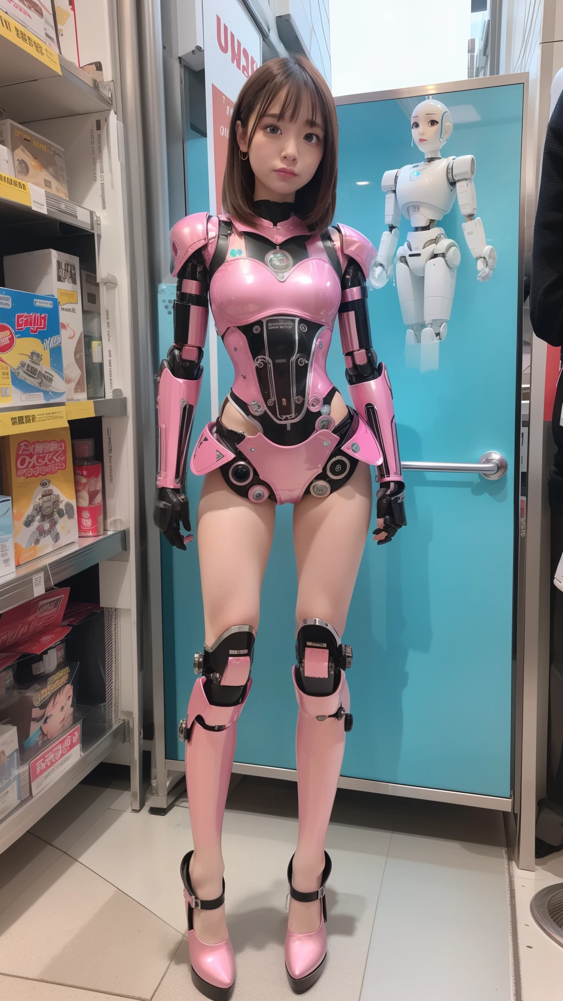 Robot Girl, pink there, Silver, Metallic body, Robot Parts, Metal Parts, Super Detailed Face, Super well-formed face, of the highest quality, a small face, a small head, Brown hair, Slender body, Camera gaze, Internal Mechanical Exposure, Idol, front facing, Well-proportioned body, sale, Exhibited, Event Hall, Moe Pose, pink metallic ta dress machine armor, Standing with legs open, Model body type, sad, Embarrassing,(Perfect Robot Girl),(Perfect machine body)