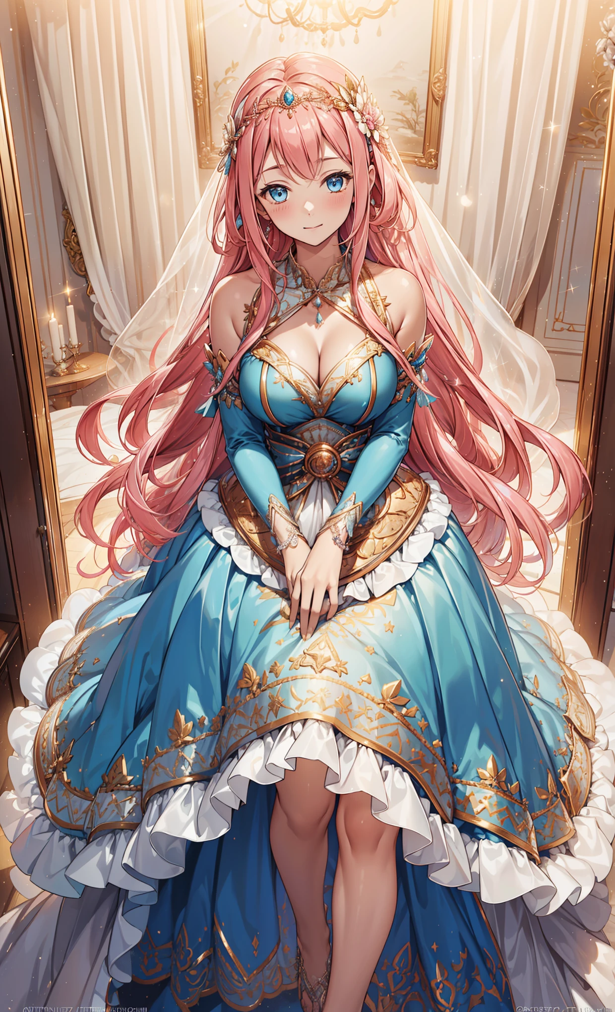 (best quality, high resolution, textured skin, high quality, high detail,Extremely detailed CG unification),teenage girl，obsessed，Divine happiness，in love，having fun，(Heavenly Maxi and Ballgown Combinations)，pink hair，blue eyes，(Fabric headdress)，Minimalism，multi-layered ruffles，lace，delicate embroidery，Exquisite pattern，Fabric headdress，dress nicely，sheer transparent clothes，bedroom，sparkling，(Appearing to be covered by a transparent skirt:1.1)，light，night，the only person，fluttering skirt，Exquisite and beautiful face，dynamic angle