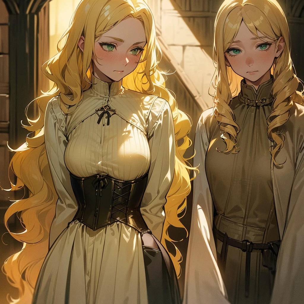(((Alone))),(((Mature Woman))),(((Green eyes with golden pigmentation))),(((Long wavy blonde hair))),(((A Shy expression))), (((Light Skin))),(((Wearing medieval clothes))),(((Wearing corset))),(((Medium chest and slim waist)))
