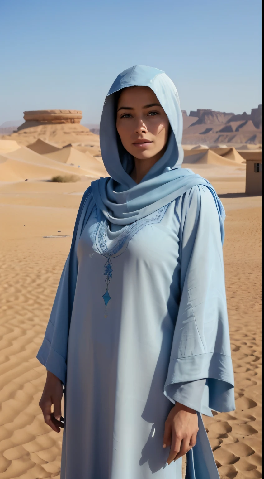 RAW photo of 50 years old Doutzen Kroes, Create dystopian masterpieces. in a full cover bedouin bedouin costume (light blue long long tunic, hood) on the desert, beautiful woman, medium breasts, platinum hair, short short, wrinkles on the face,