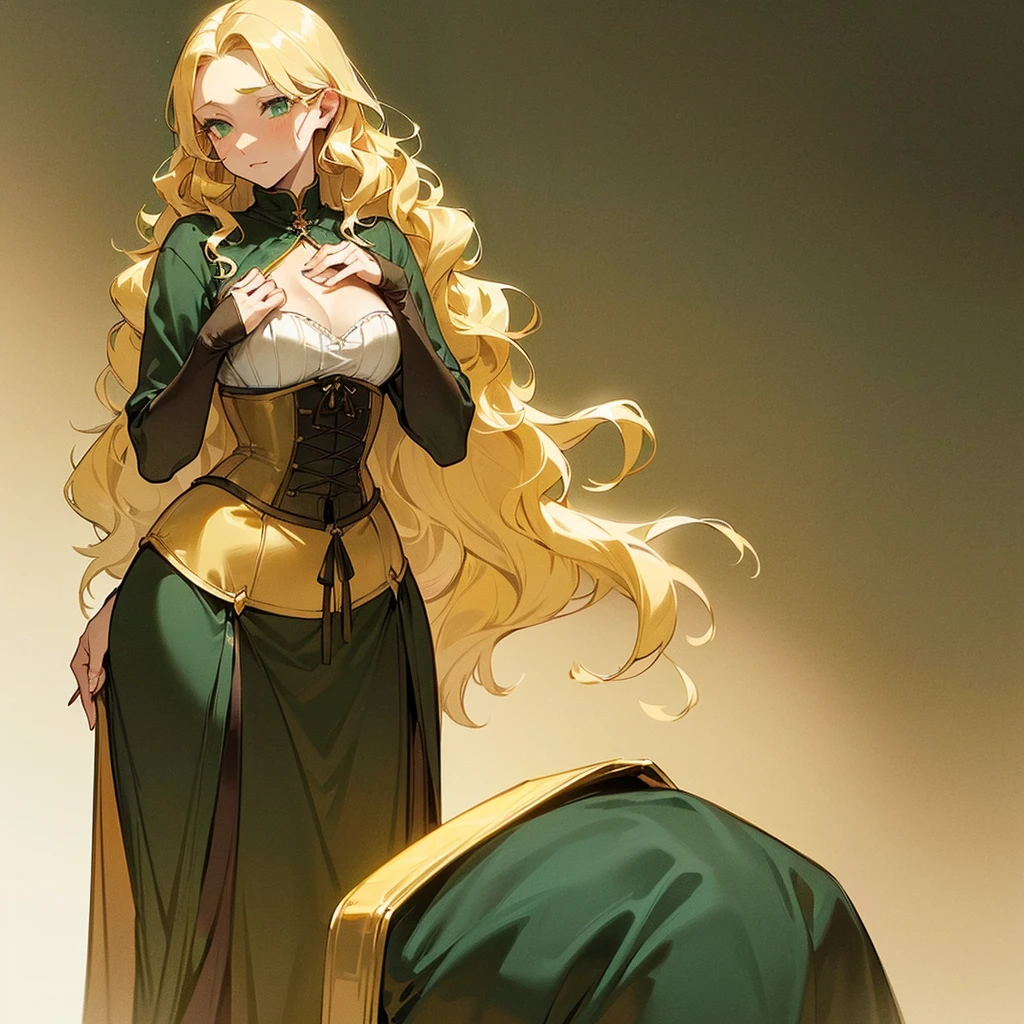 (((Alone))),(((Mature Woman))),(((Green eyes with golden pigmentation))),(((Long wavy blonde hair))),(((A Shy expression))), (((Light Skin))),(((Wearing medieval clothes))),(((Wearing corset))),(((Medium chest and slim waist)))