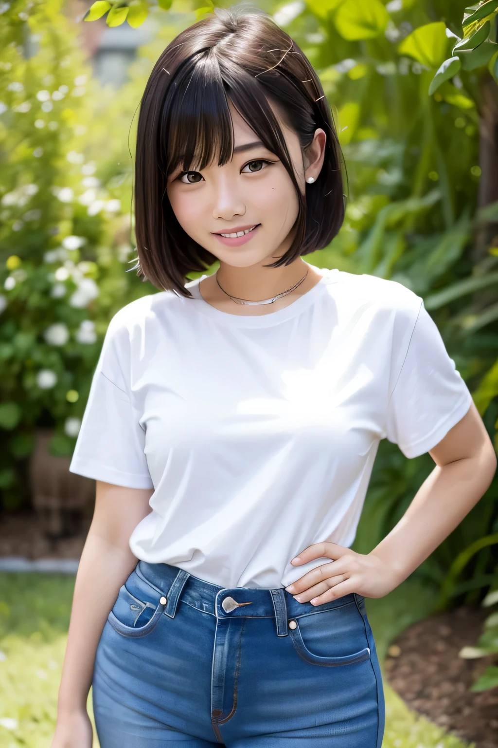 realistic, princess cutの髪型, princess cut, (narrow eyes:1.3), (black eye), (japanese woman), 1 girl, (small eyes:1.3), 17 year old girl, beautiful breasts:1.5,short hair, (highly detailed eyes:1.2), (beautiful breasts:1.1), bangs, (thick legs, huge hips, thick thighs), Fair skin, tight waist, big breasts, (laughter:1.3) (White Round Neck T-Shirt, blue jeans:1.2)