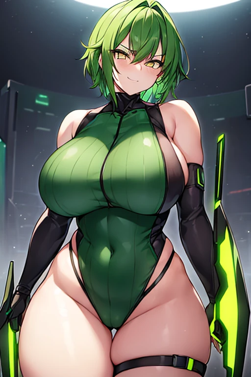 1girl, green hair, very short hair, yellow eyes, large breasts, breasts, wide hips, thick thighs, smug, smirk, leotard, bare legs, black bodysuit, futuristic, science-fiction, tech, machinery, neon trim, neon,