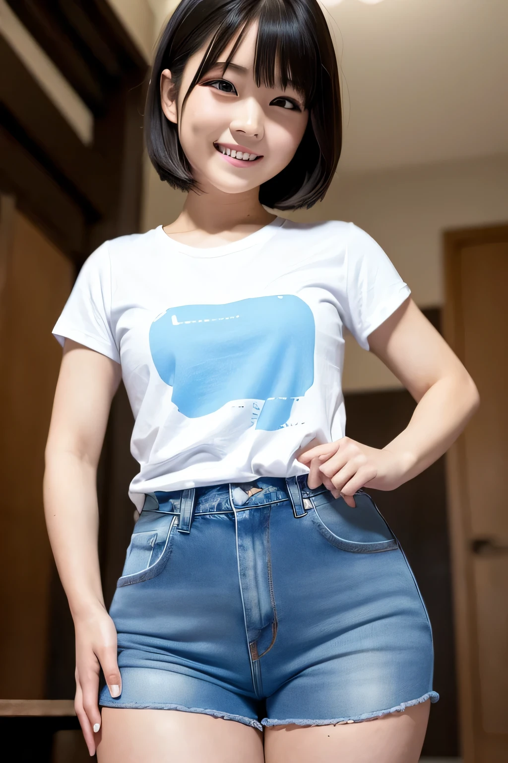 realistic, princess cutの髪型, princess cut, (narrow eyes:1.3), (black eye), (japanese woman), 1 girl, (small eyes:1.3), girl, beautiful breasts:1.5,short hair, (highly detailed eyes:1.2), (beautiful breasts:1.1), bangs, (thick legs, huge hips, thick thighs), Fair skin, tight waist, big breasts, (laughter:1.3) (White Round Neck T-Shirt, blue jeans:1.2)