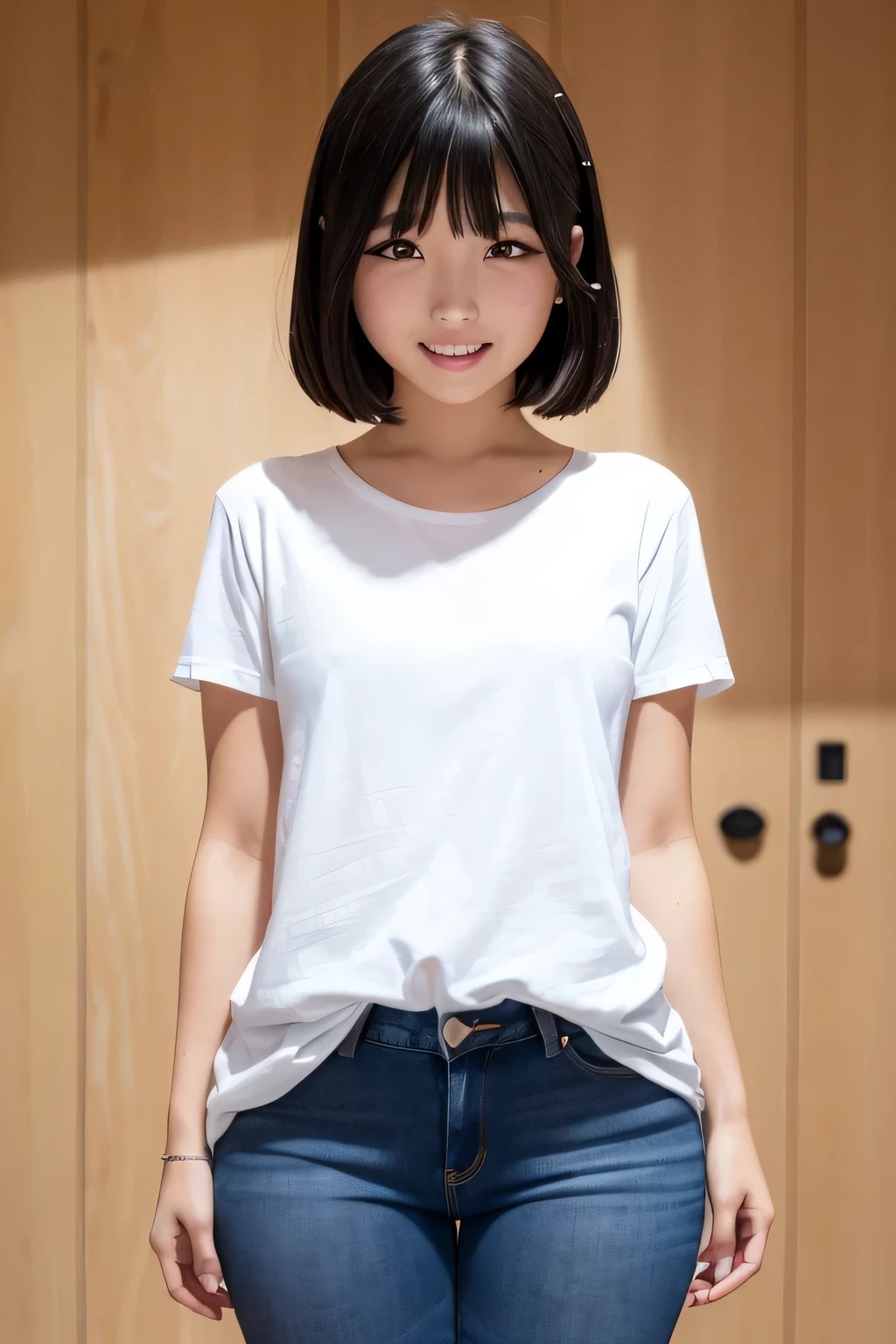 realistic, princess cutの髪型, princess cut, (narrow eyes:1.3), (black eye), (japanese woman), 1 girl, (small eyes:1.3), 17 year old girl, beautiful breasts:1.5,short hair, (highly detailed eyes:1.2), (beautiful breasts:1.1), bangs, (thick legs, huge hips, thick thighs), Fair skin, tight waist, big breasts, (laughter:1.3) (White Round Neck T-Shirt, blue jeans:1.2)