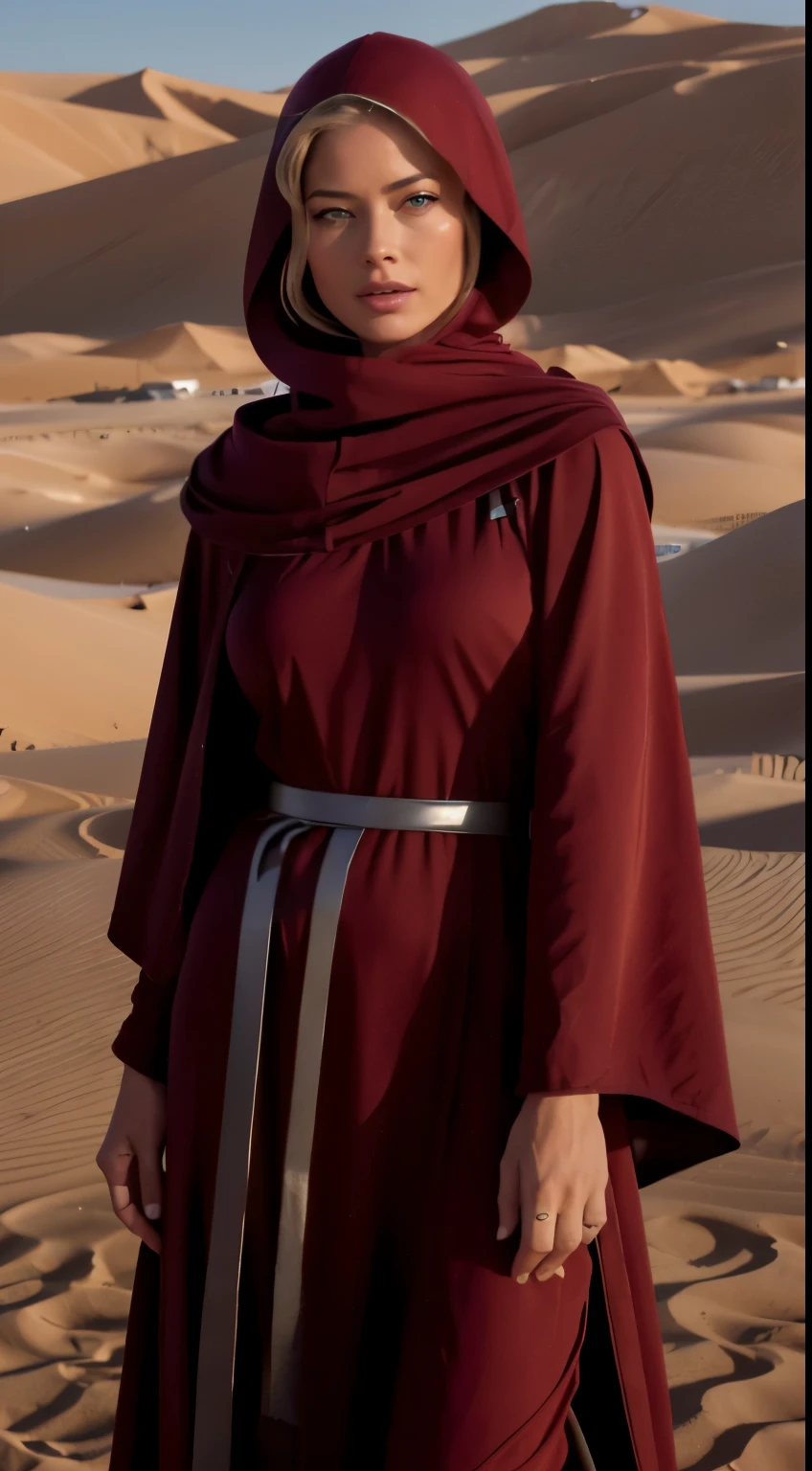 RAW photo of 50 years old Doutzen Kroes, Create dystopian masterpieces. in a full cover bedouin bedouin costume (dark red long long tunic, hood) on the desert, beautiful woman, medium breasts, platinum hair, short short, wrinkles on the face,