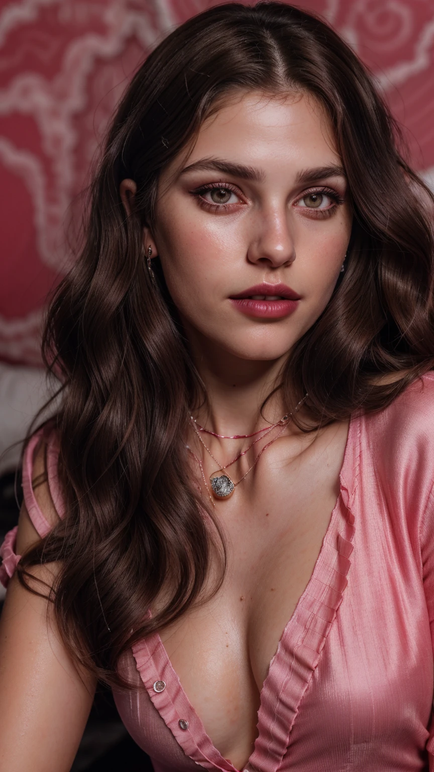 Wavy brown hair, (RAW photo, realism: 1.8), (very dark lip gloss, jet pink lipstick, many eyelashes, dark black eye shadow, shy, blushing, high quality, high resolution, depth of field, chromatic aberration, caustic, wide light, natural colors, 20 year old woman), necklaces, chokers, earrings, bracelets, wear many accessories, style A good woman,l, silk pink shirt, upper body, beautiful skin, lots of exposure, very line, looks delicious, lips that make you want to kiss, scruffy futon, swimming underwater,