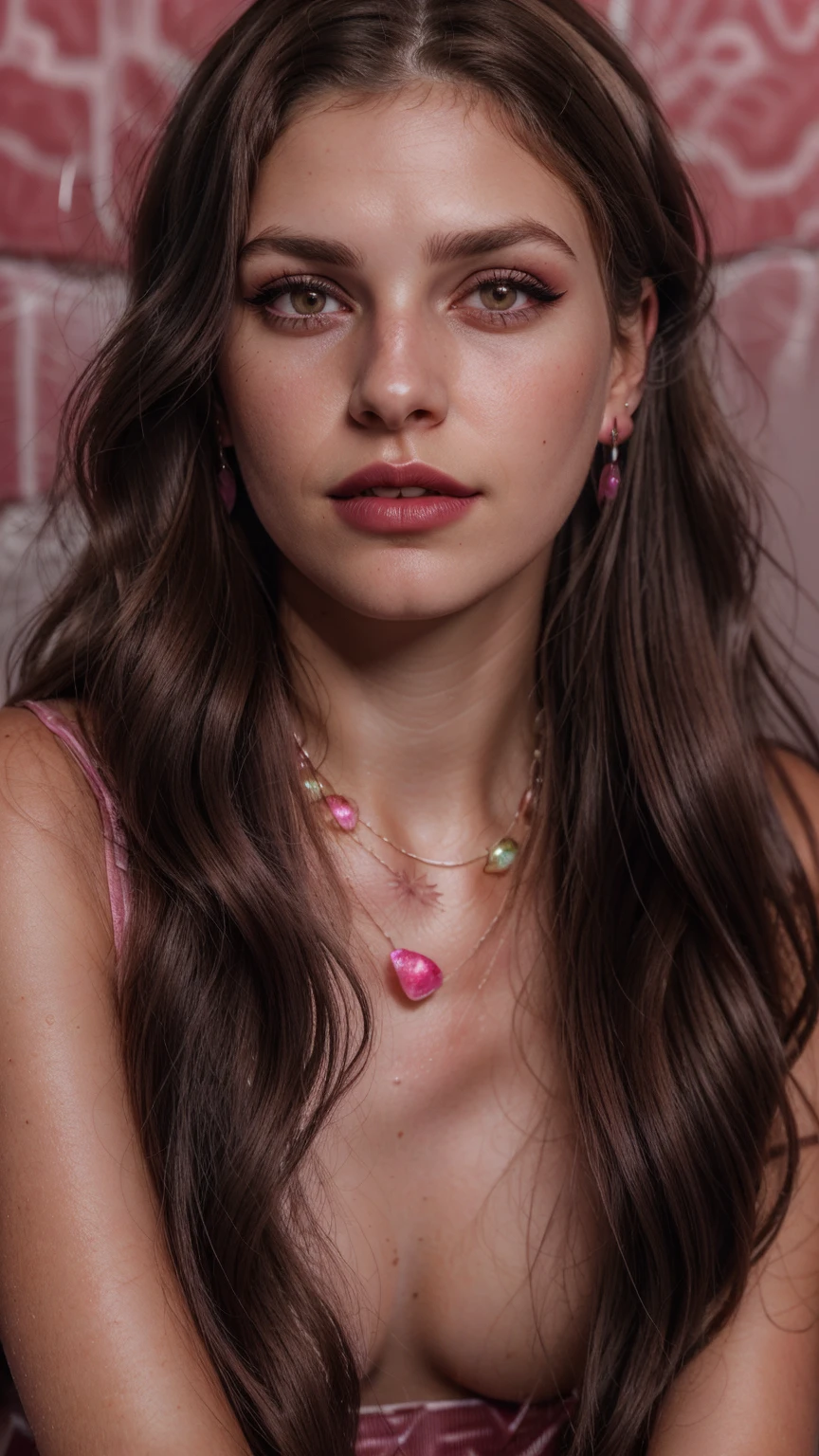 Wavy brown hair, (RAW photo, realism: 1.8), (very dark lip gloss, jet pink lipstick, many eyelashes, dark black eye shadow, shy, blushing, high quality, high resolution, depth of field, chromatic aberration, caustic, wide light, natural colors, 20 year old woman), necklaces, chokers, earrings, bracelets, wear many accessories, style A good woman,l, silk pink shirt, upper body, beautiful skin, lots of exposure, very line, looks delicious, lips that make you want to kiss, scruffy futon, swimming underwater,