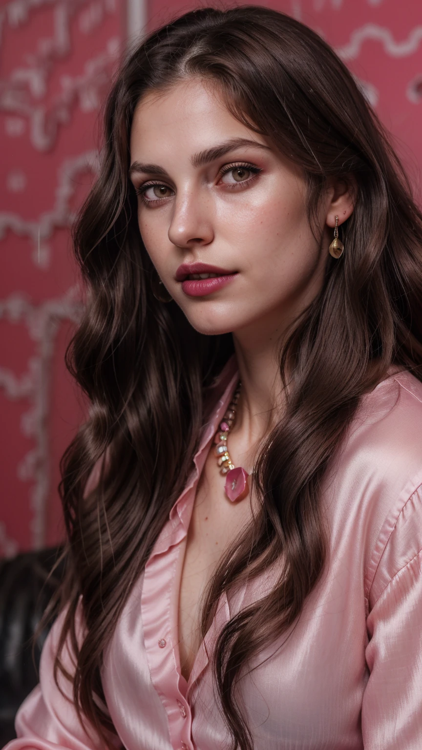 Wavy brown hair, (RAW photo, realism: 1.8), (very dark lip gloss, jet pink lipstick, many eyelashes, dark black eye shadow, shy, blushing, high quality, high resolution, depth of field, chromatic aberration, caustic, wide light, natural colors, 20 year old woman), necklaces, chokers, earrings, bracelets, wear many accessories, style A good woman,l, silk pink shirt, upper body, beautiful skin, lots of exposure, very line, looks delicious, lips that make you want to kiss, scruffy futon, swimming underwater,