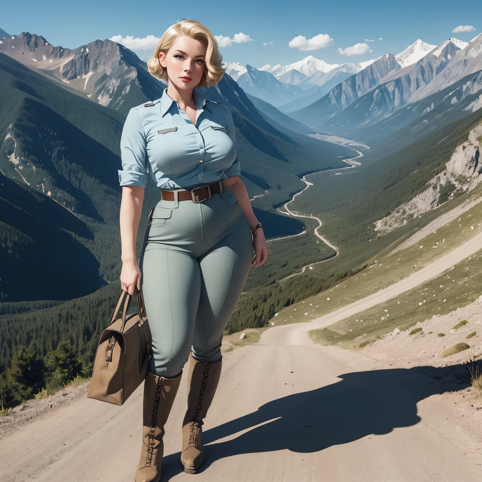 1940s art post, pinup, thicc, Short Blonde hair, 30 year oldwoman, semi athletic body, 5 foot height, light blue eyes, gray skin tight shirt, khaki tight pants, tactical belt, boots, standing in the mountains, 