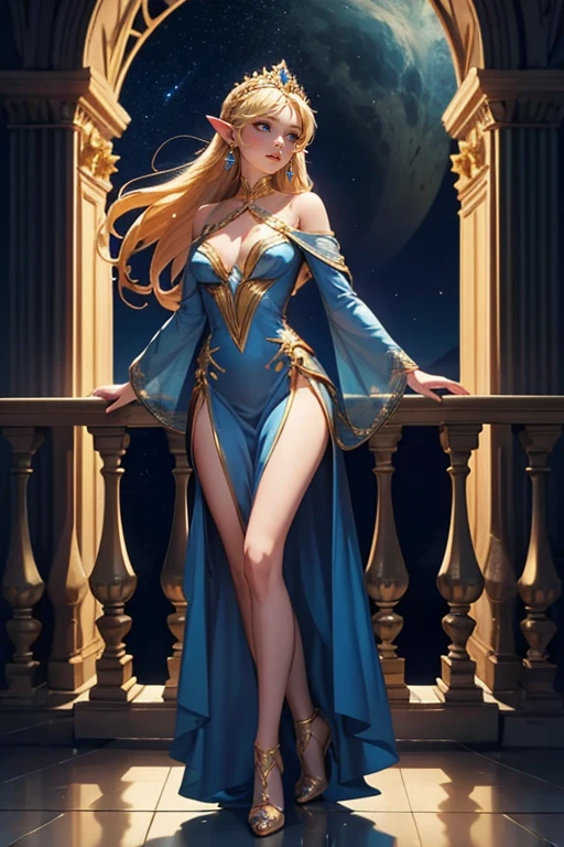 elf princess, tiara, earrings, deep blue plunge dress, golden hair in braids, , slender figure, high heels, palace, night sky, full body, standing next to balcony, 1girl
