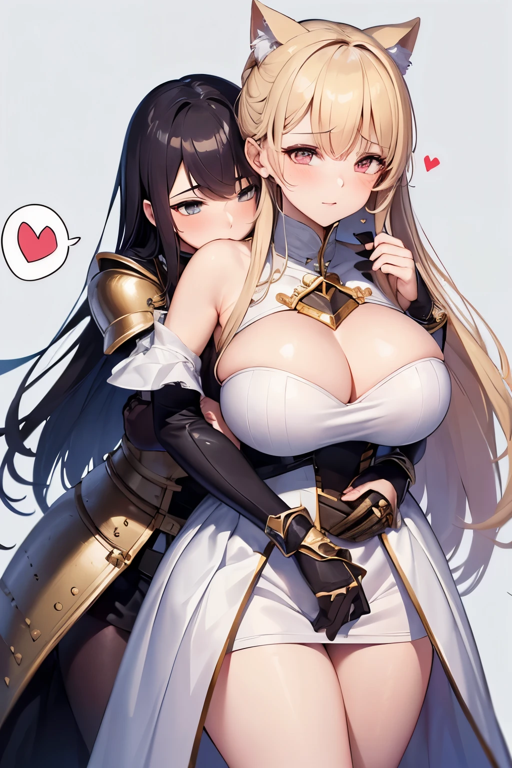 2girls, yuri, couples, (hug:1.1), armored dress, curvy, (spoken heart:1.3), (spoken heart:1.3), (spoken heart:1.3 ), white simple background, (masterpiece, Best Quality:1.3)