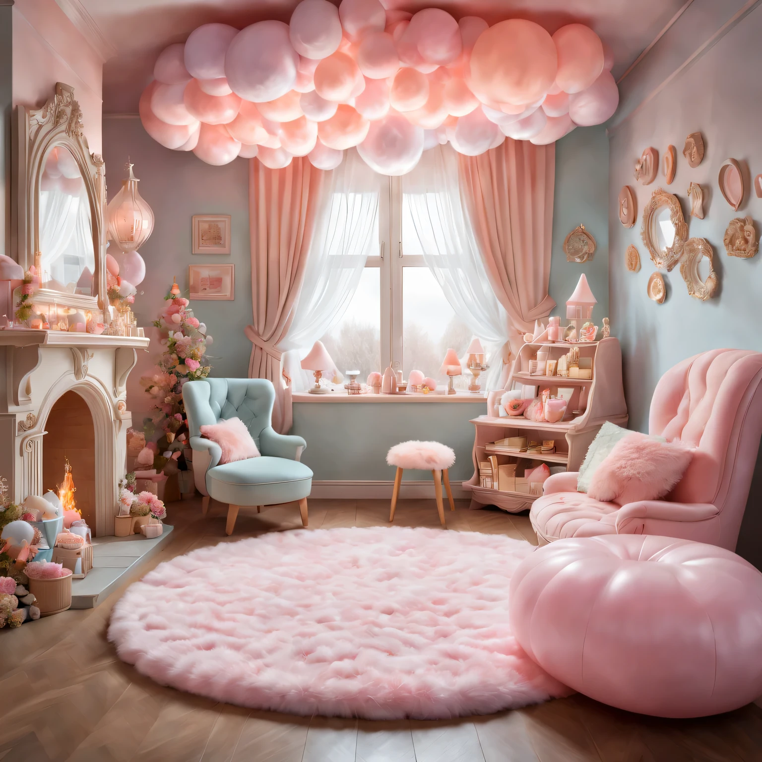 
(best quality,4K,8k,high resolution,masterpiece:1.2),Super detailed,(actual,photoactual,photo-actual:1.37),Fluffy marshmallow style living room,pastel colors,High quality,cozy atmosphere,Beautifully renovated,magical lights,candy themed furniture,nostalgia,dreamy atmosphere,Plush cushions,Storybook illustration,A lively imagination,Playful elements,whimsical details,Delicate pastel tones,inspired by fairy tales,dreamlike scene,Mysterious doorway,Toadstool tables and chairs,charming mural,Floating balloons,Sparkling chandeliers,Window seat with fluffy clouds,floating marshmallows,cloud shaped carpet,Twinkling fairy light curtains,Cozy fireplace,A harmonious blend of textures and patterns,A magical atmosphere full of wonder and warmth.