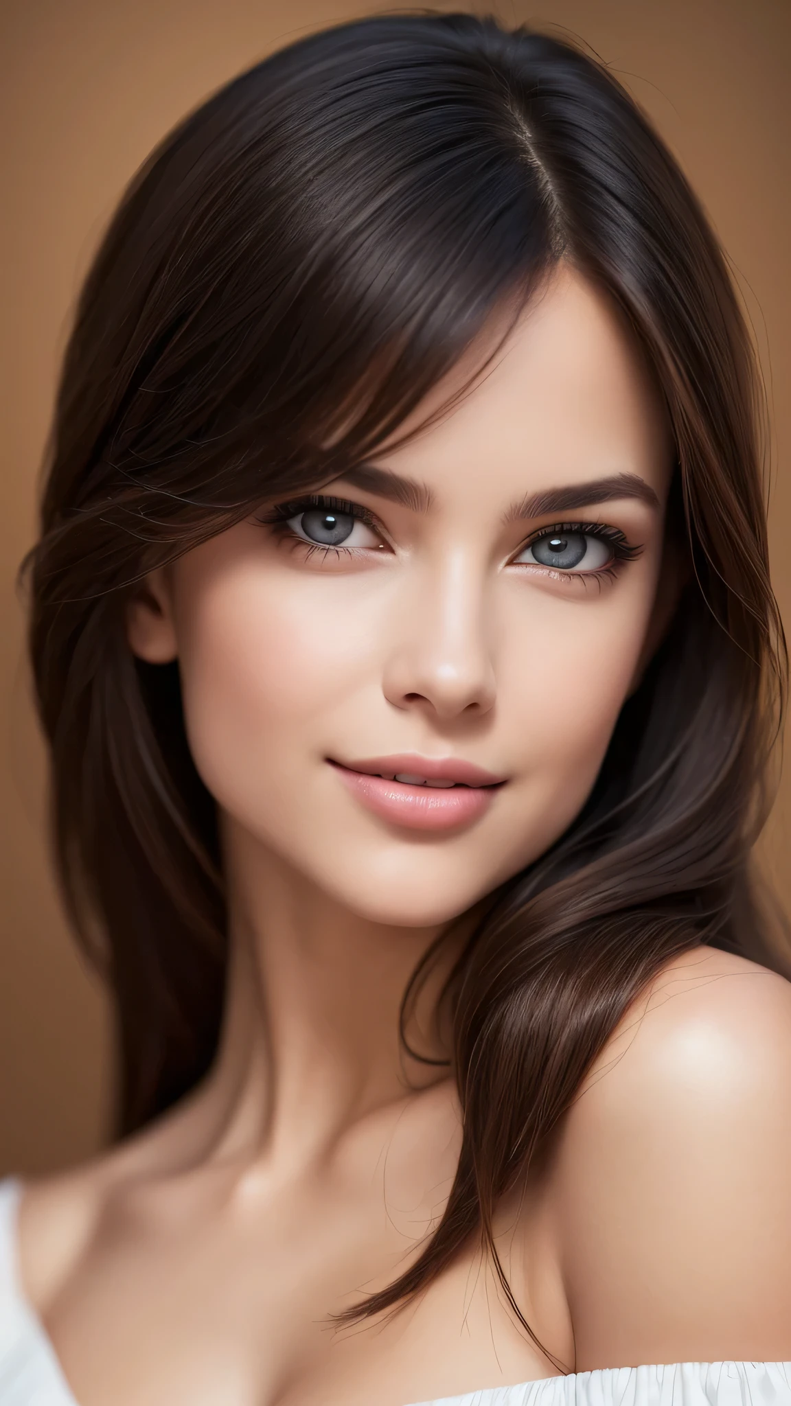 1woman, (Ultra realistic, high res), (highly detailed eyes, highly detailed hair, highly detailed face, highly detailed plump lips), (off shoulder with open breasts), breasts, upper body, caute smile, (best quality:1.4), Raw photo, (realistic, photo-realistic:1.37), professional photography, cinematic light, (fine face: 1.2),
