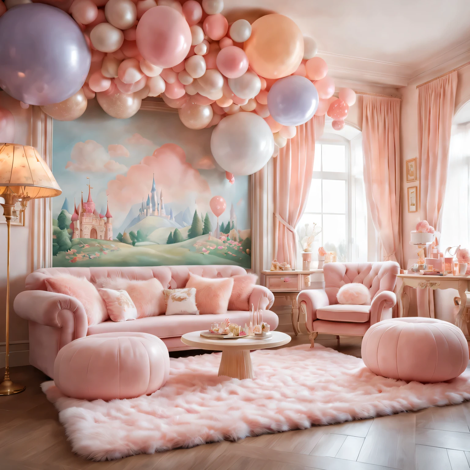 (best quality,4K,8k,high resolution,masterpiece:1.2),Super detailed,(actual,photoactual,photo-actual:1.37),Fluffy marshmallow style living room,pastel colors,High quality,cozy atmosphere,Beautifully renovated,magical lights,candy themed furniture,nostalgia,dreamy atmosphere,Plush cushions,Storybook illustration,A lively imagination,Playful elements,whimsical details,Delicate pastel tones,inspired by fairy tales,dreamlike scene,Mysterious doorway,Toadstool tables and chairs,charming mural,Floating balloons,Sparkling chandeliers,Window seat with fluffy clouds,floating marshmallows,cloud shaped carpet,Twinkling fairy light curtains,Cozy fireplace,A harmonious blend of textures and patterns,A magical atmosphere full of wonder and warmth.