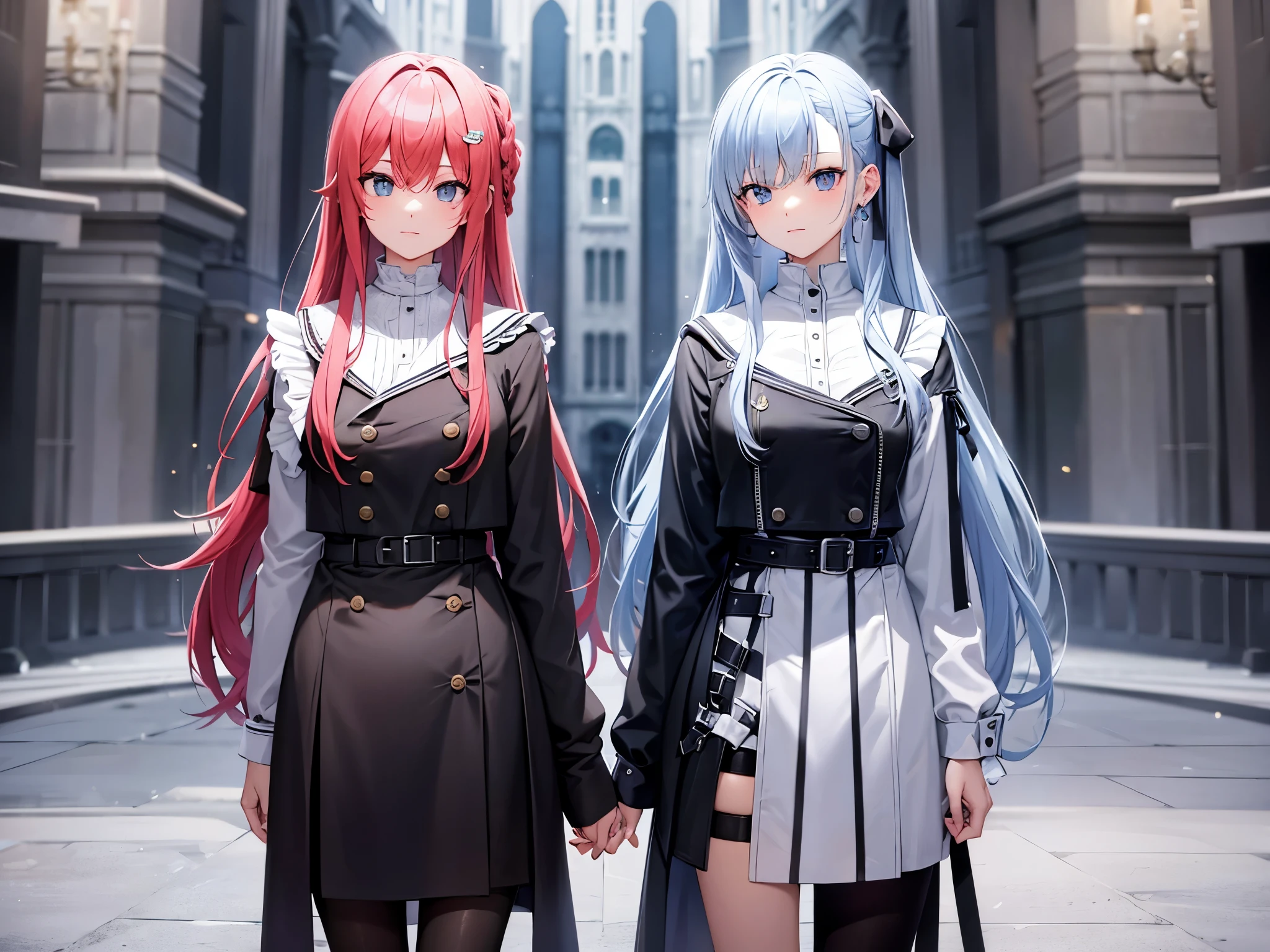 female twins, masterpiece, different hair styles, different hair colors, different eye colors, different outfits, stand side by side,