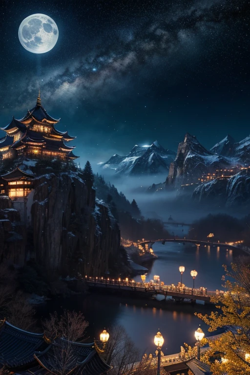 Highly condensed beauty,Dressed in Jiangtian Xingyue Picture Scroll, Concept art inspired by Mitsuhiro Tosa, pixiv contest winners, best quality, fantasy art, beautiful anime scene, A bright moon, starry sky environment in the moonlight, dream, anime background art, dream风景艺术, Wonderful evening, anime background, background artwork, fantasy art, Atmospheric animation, starry sky, Detail enhancement.