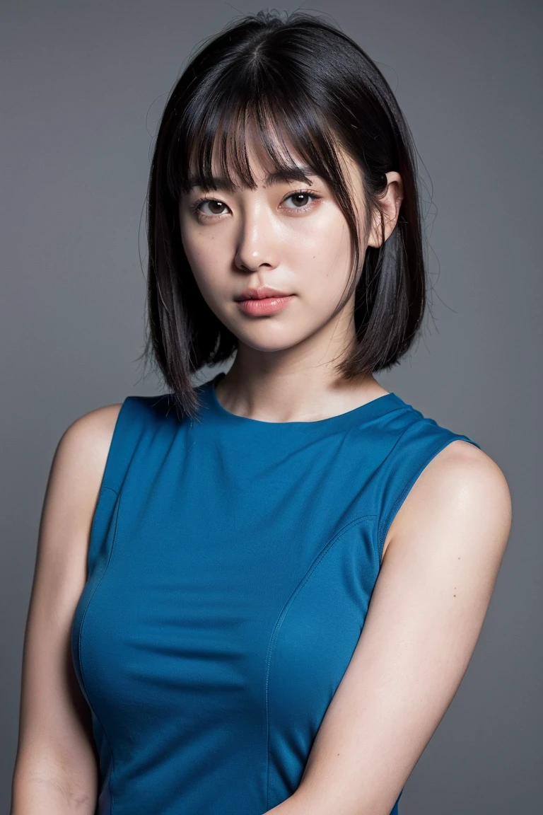 (8K, RAW photo, highest quality, masterpiece:1.2), ultra detail, super resolution, (realistic, realistic Photo:1.37), portrait, High resolution raw color photos, professional photos, 非常に詳細で美new, very detailed, 8k wallpaper, surprisingly detailed, huge file size, official art, highly detailed CG unity 8k wallpaper, very detailed美少女, very detailed顔, very detailed目, very detailed肌, very detailed指, very detailed鼻, very detailed詳細な口 , perfect ???????, very detailed背景, very detailed衣服, 1 girl,, 20th generation, cute girl, realistic body, small, Fair skin, glowing skin , handsome body, black hair , Rolled up hair, (dull bangs:1.2), smile, cute, like々new, cute face, realistic face, delicate eyes, (((blue sleeveless dress))), looking at the viewer, cowboy shot, facing the front, Standing position, Opposition, dynamic lighting, very big breasts,
