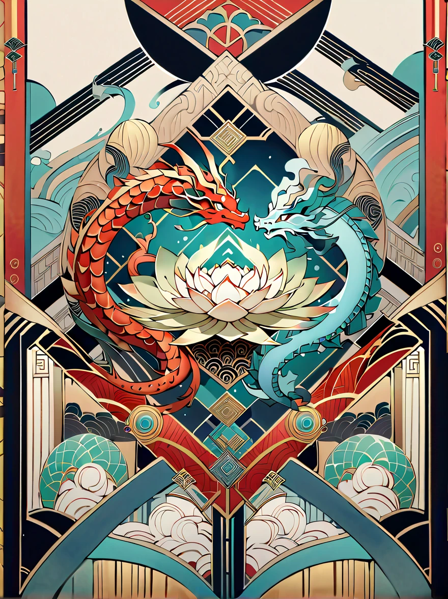 Create an image that blends Chinese artistic elements with the Art Deco style The image should feature a composition that marries traditional Chinese motifs such as dragons, lotus flowers, or calligraphy with the geometric shapes, strong lines, and symmetry characteristic of Art Deco. The color palette should incorporate traditional Chinese colors like red, gold, and black, alongside the bold, contrasting colors typical of Art Deco. The focus could be on an interior space, a piece of furniture, or a decorative object, seamlessly combining the elegance and modernity of Art Deco with the cultural richness of Chinese art. The overall composition should be visually striking, showcasing a unique fusion of these two distinctive artistic styles.